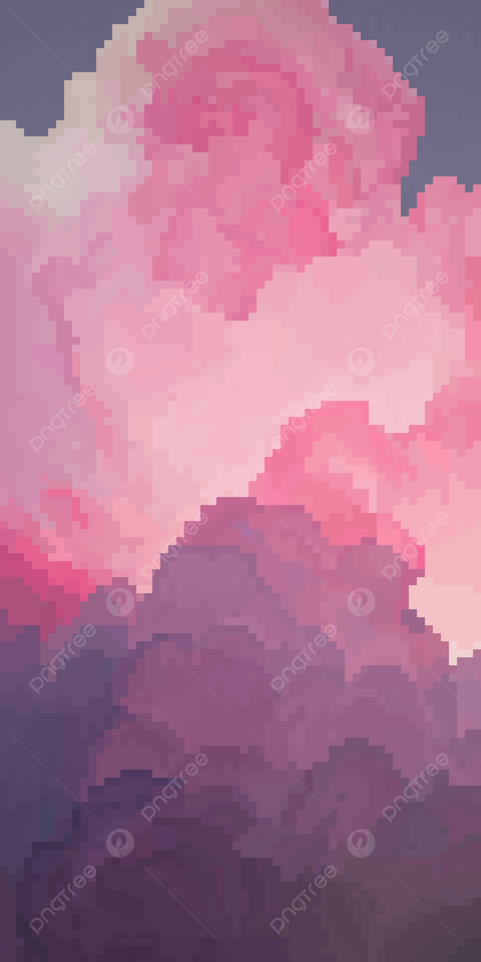 山脈上方粉紅色和紫色雲朵的像素藝術