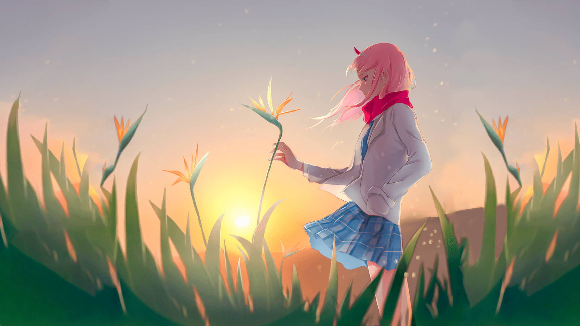 粉紅髮動漫女孩在夕陽田野中手持花朵