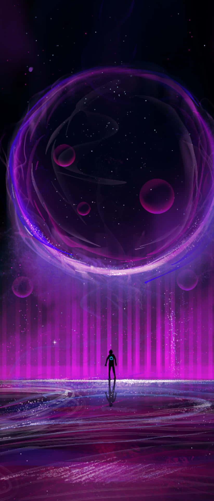 一個人抬頭仰望紫色外星景觀中一個巨大的發光宇宙氣泡。