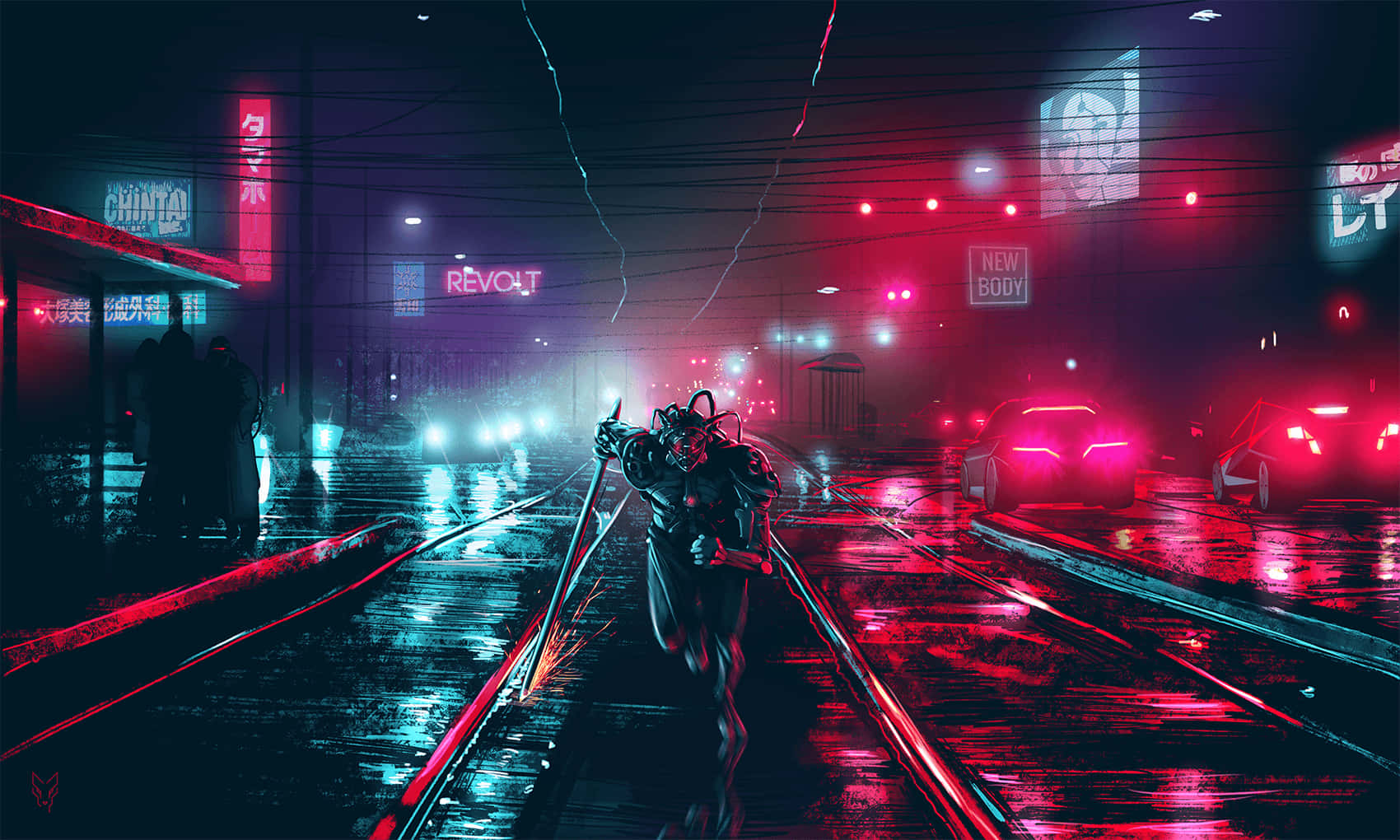 賽博朋克跑者在夜晚的霓虹雨中城市街道上衝刺。