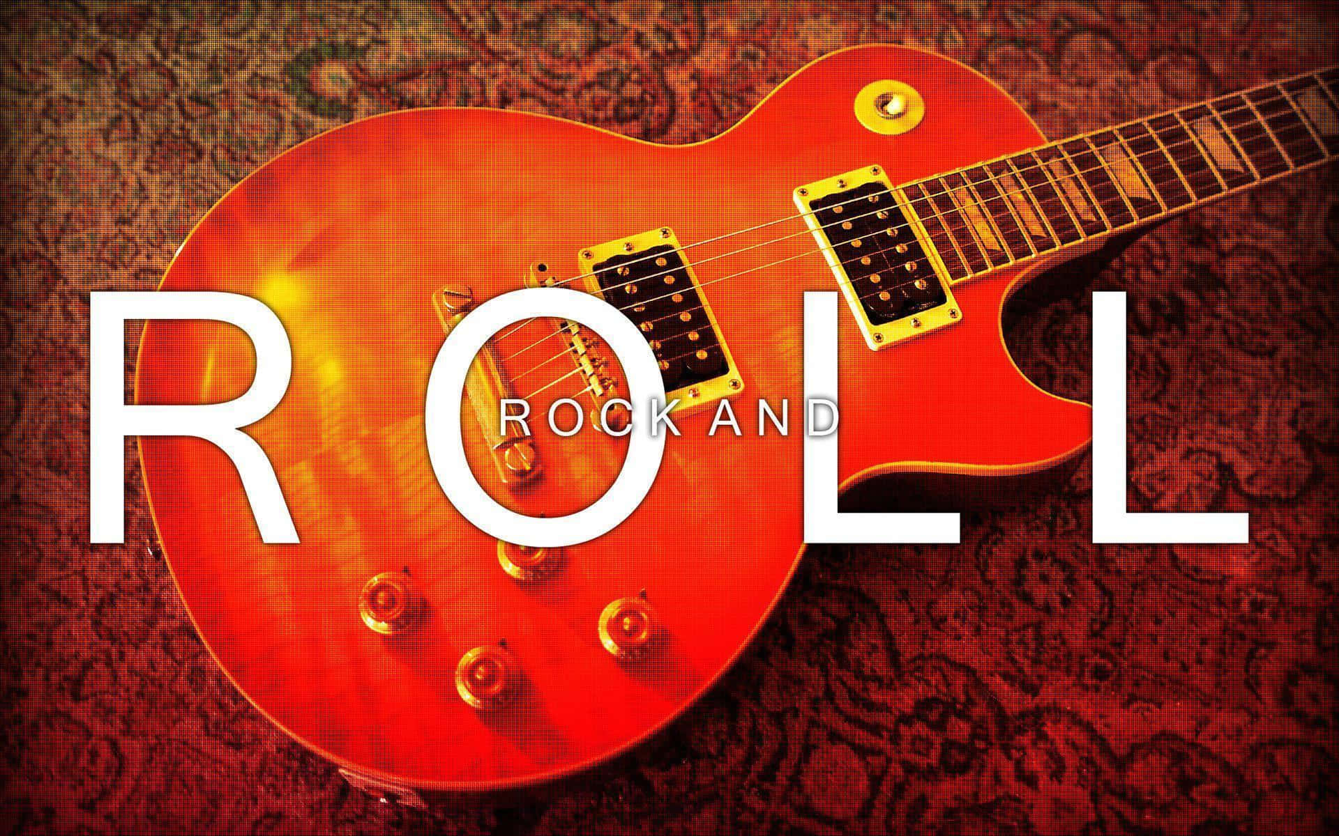 紅色電結他，背景有圖案，帶有「ROLL ROCK AND」文字。