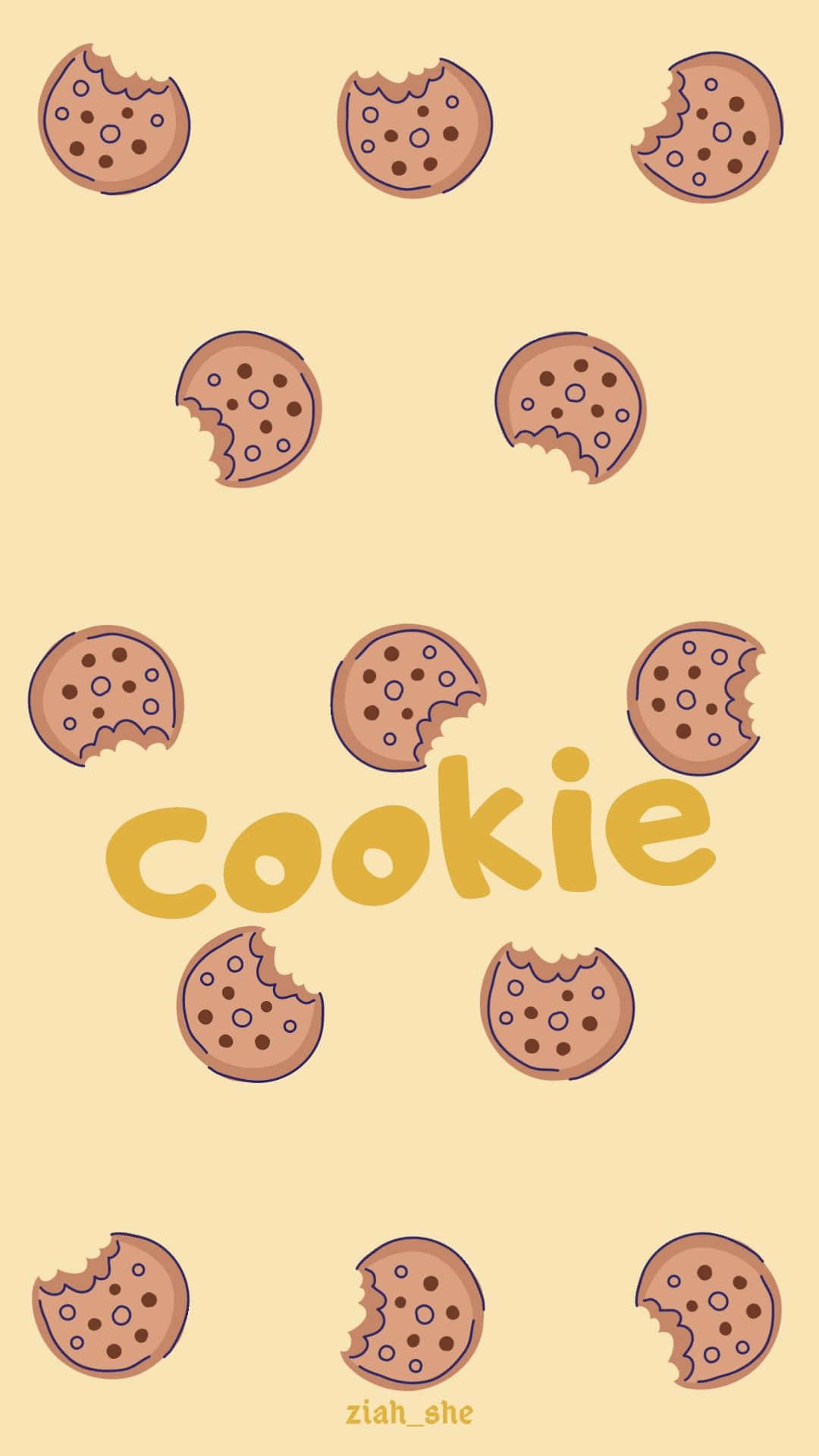有咬痕的朱古力曲奇排列在黃色背景上的「cookie」字樣周圍。