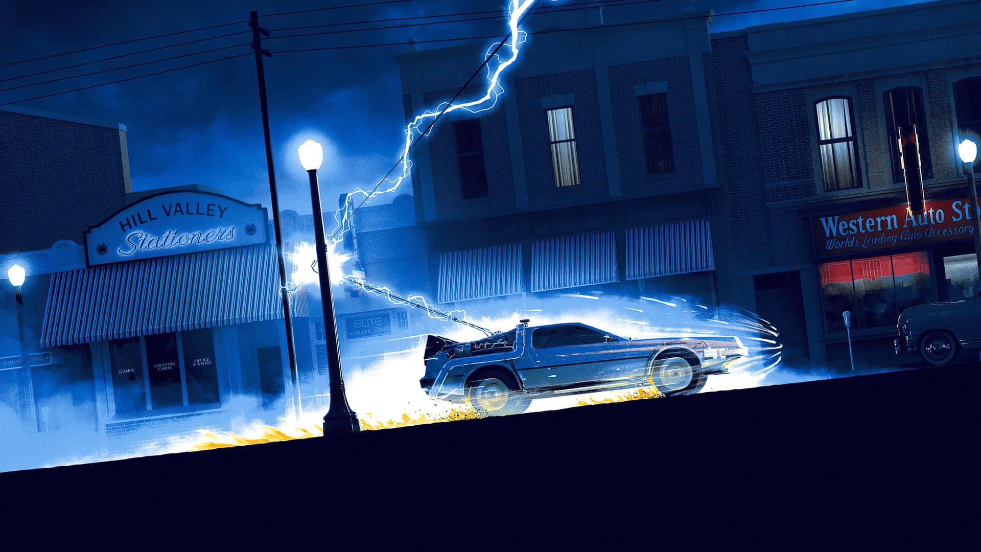 DeLorean時間機器在暴風雨的夜晚街道上疾馳，伴隨閃電。 — 回到未來 GIF 壁紙