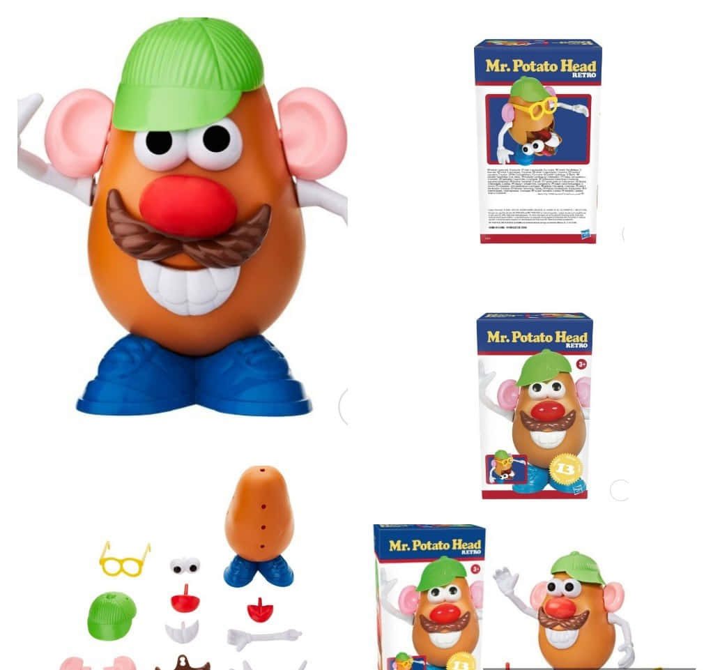 Mr Potato Head玩具，戴著綠色帽子和鬍鬚，配有可互換的零件和盒子。