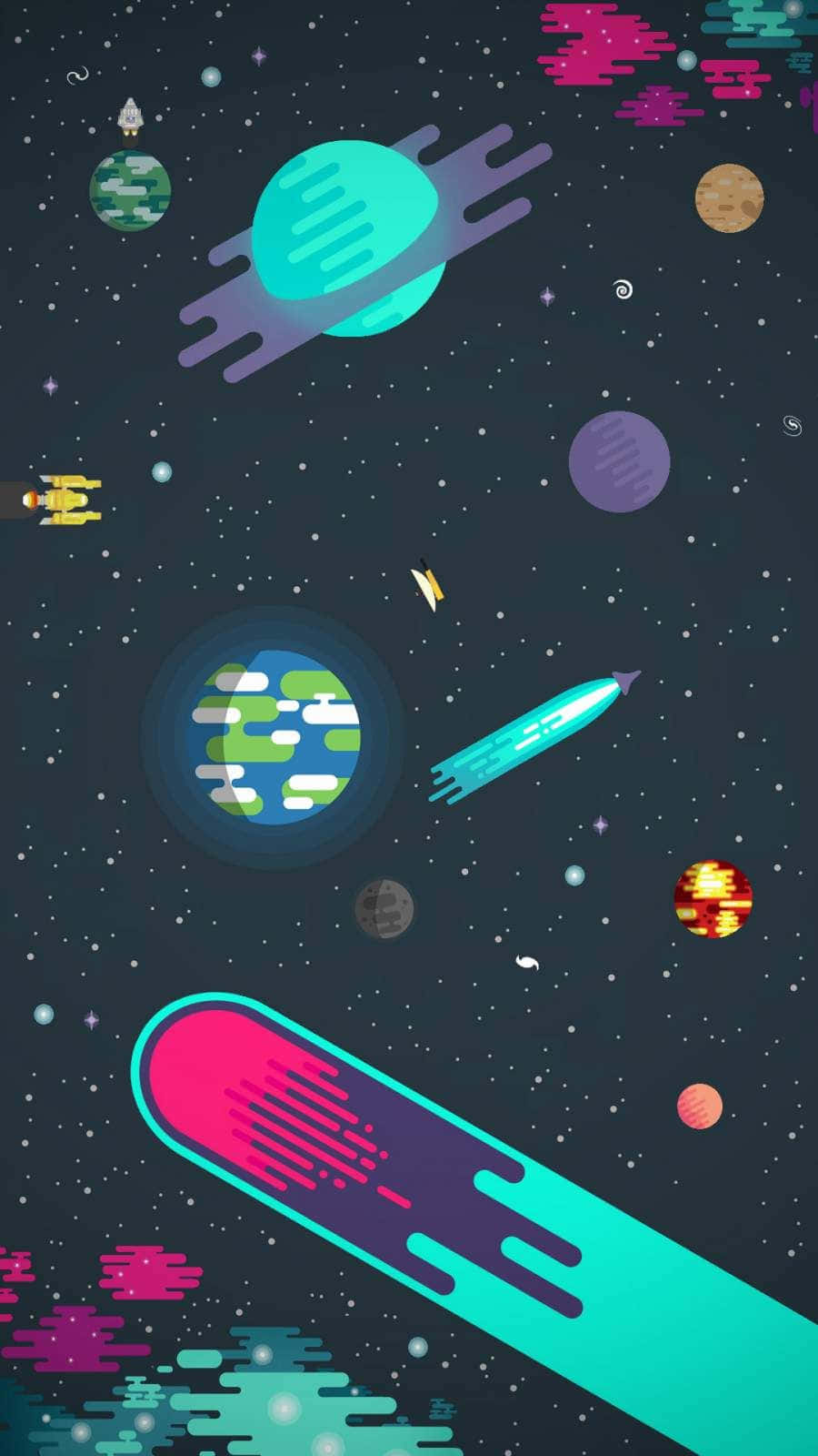 與驚奇卡通太空旅程一同起飛冒險！ 壁紙 — 充滿活力的復古未來主義太空場景，霓虹火箭和彩色行星漂浮在像素化星星之間。