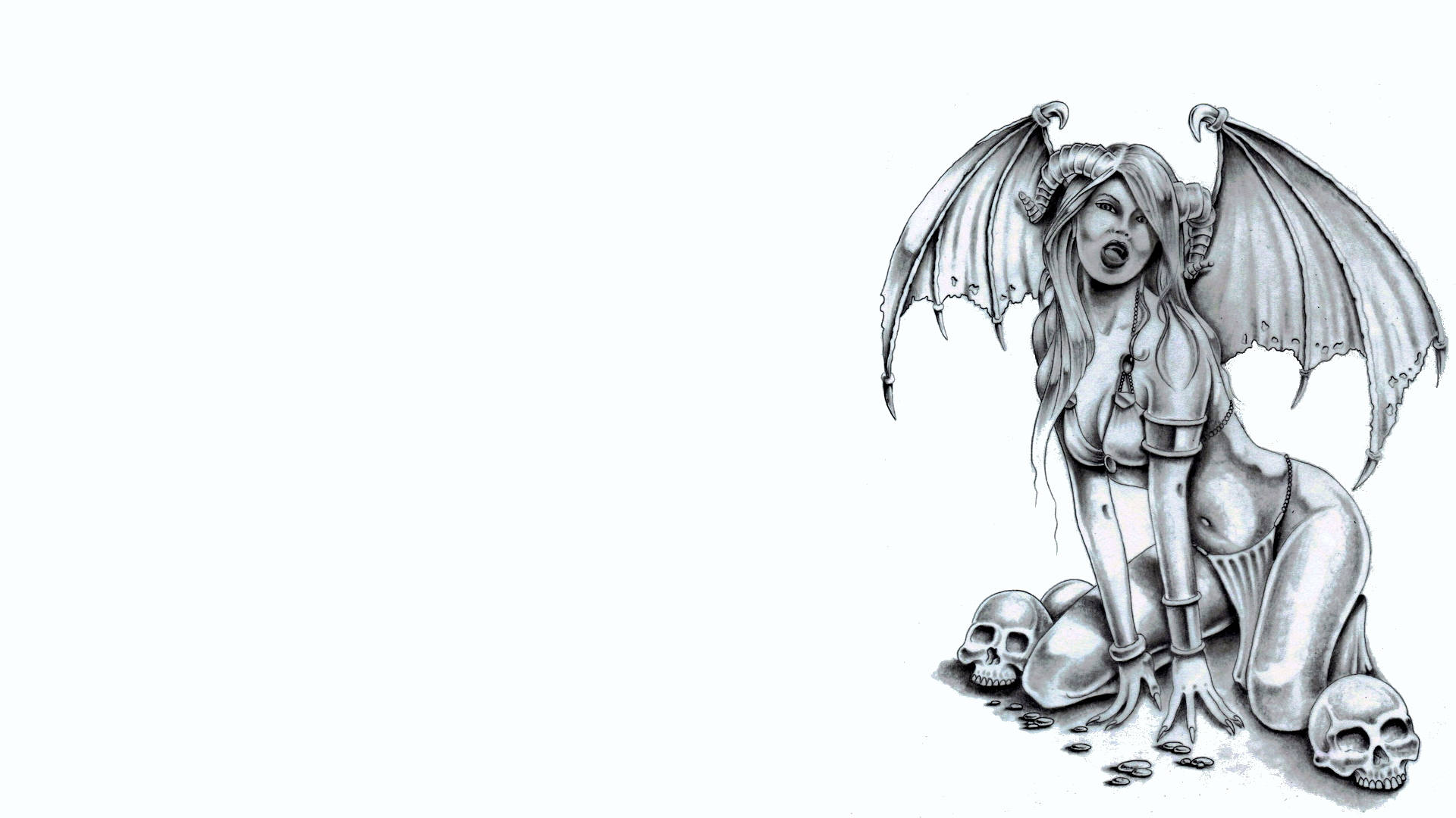 與骷髏相伴的性感魅魔插畫 壁紙 — 一個詳細的黑白插圖，描繪一個有蝙蝠般翅膀和角的惡魔女性跪在頭骨旁邊。