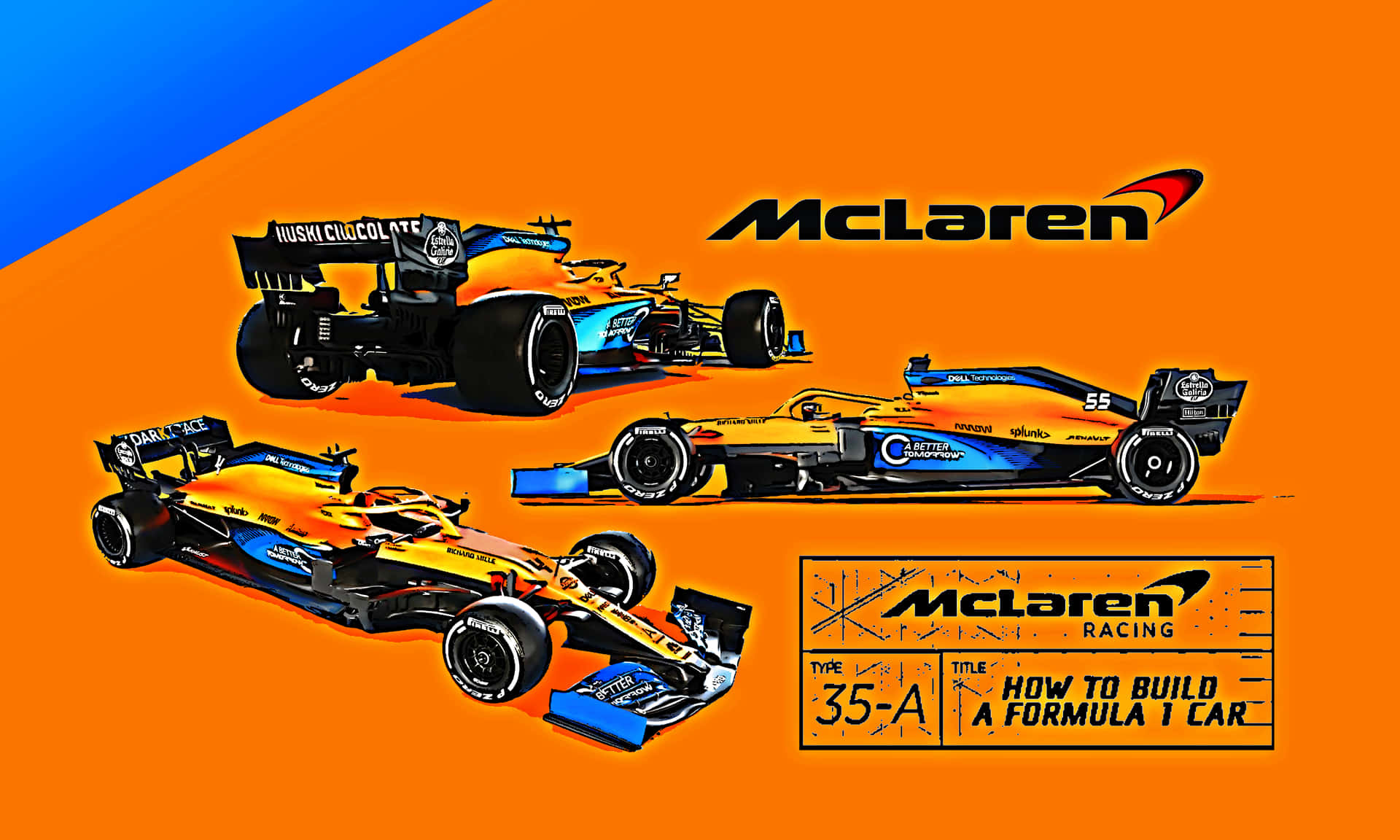 三輛McLaren Formula 1賽車，帶有贊助商標誌和技術文字，背景為橙色和藍色。