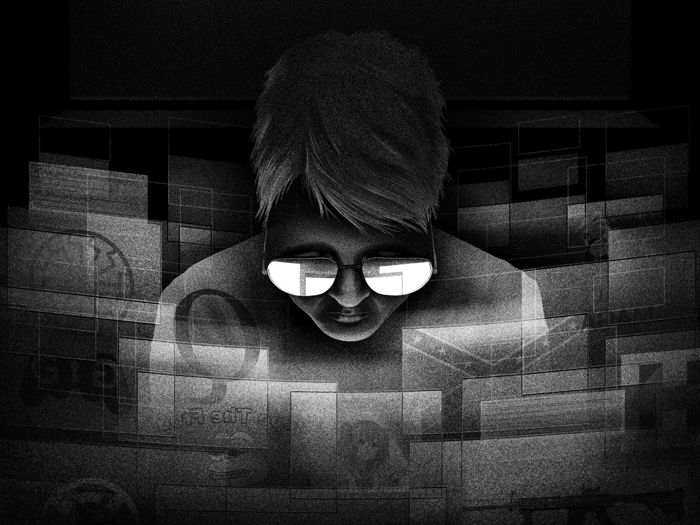 與黑色哀傷的憂鬱之美相連 壁紙 — 一個戴眼鏡的人向下凝視，鏡片上的發光反射照亮了碎片化的數碼拼貼背景。
