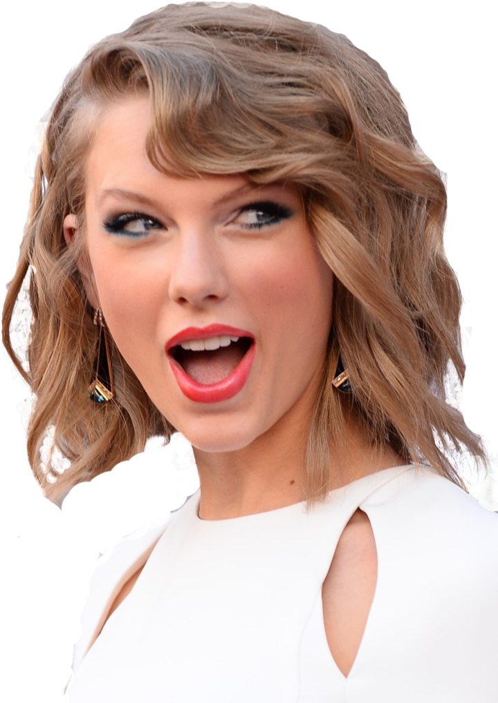 興奮名人表情 壁紙 — Taylor Swift 擁有一頭波浪金髮和濃妝，身穿白色鏤空上衣，背景為黑色。