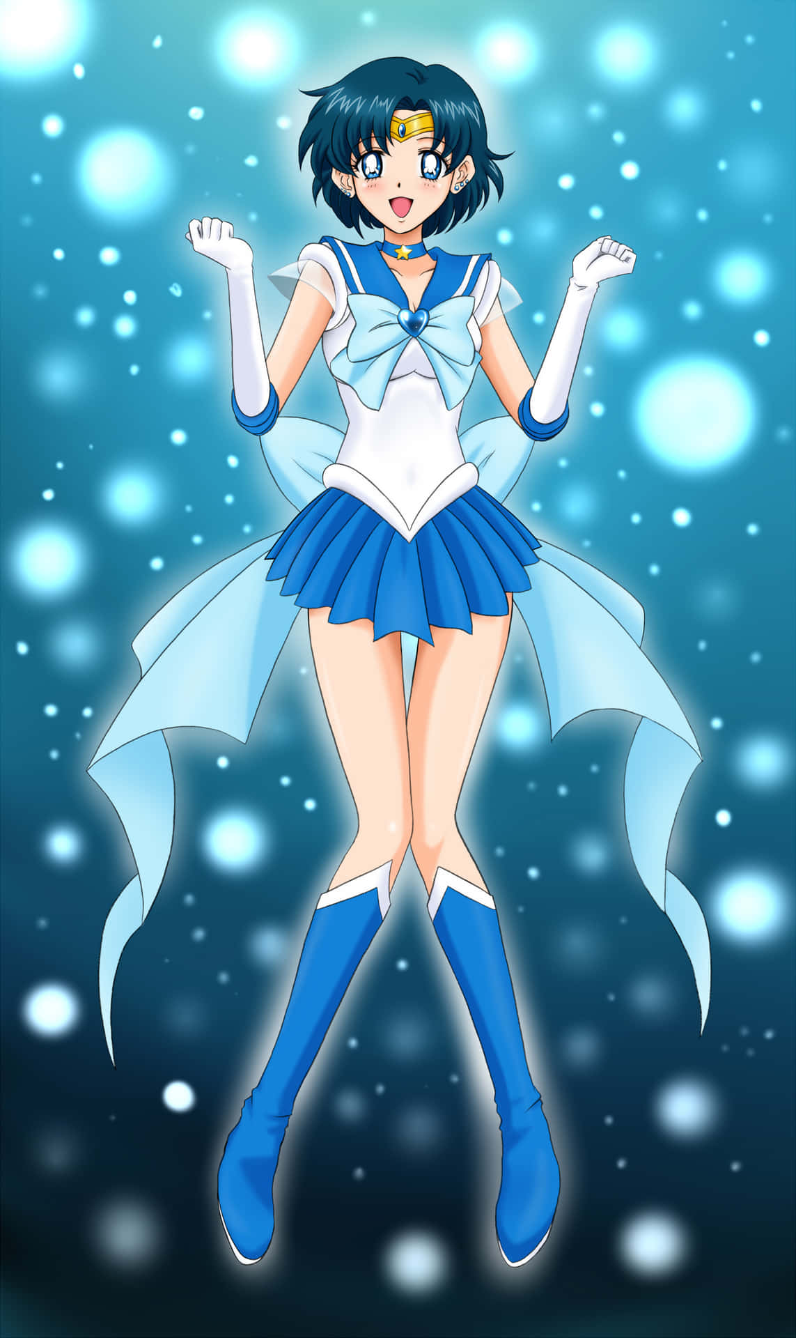 興奮開心的水手水星 壁紙 — 一個開心的動畫女孩穿著藍白水手服，在星光閃爍的青綠色背景中漂浮於發光球體之間。