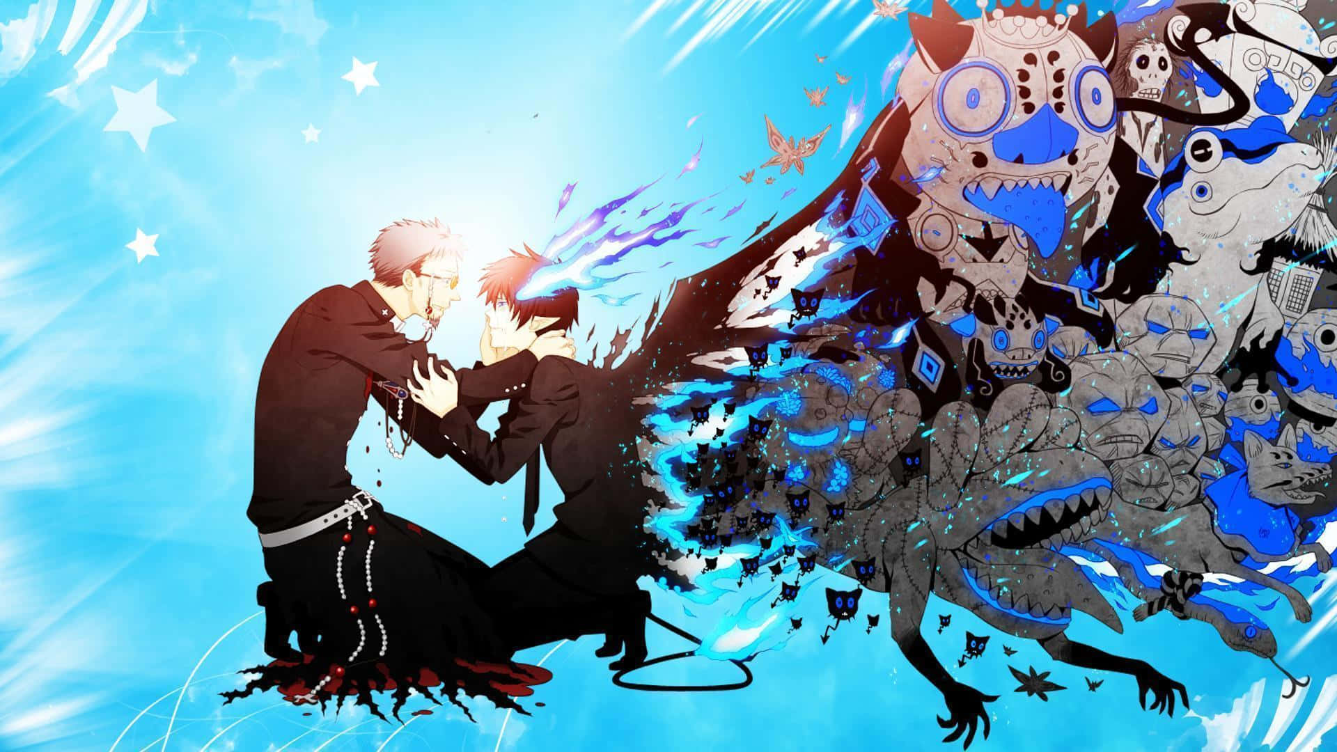 舉辦你的下一次靈性冒險——《藍色驅魔師》 壁紙 — 兩個動漫角色在明亮的藍色星空下與一個藍灰色的怪物靈魂碰撞。
