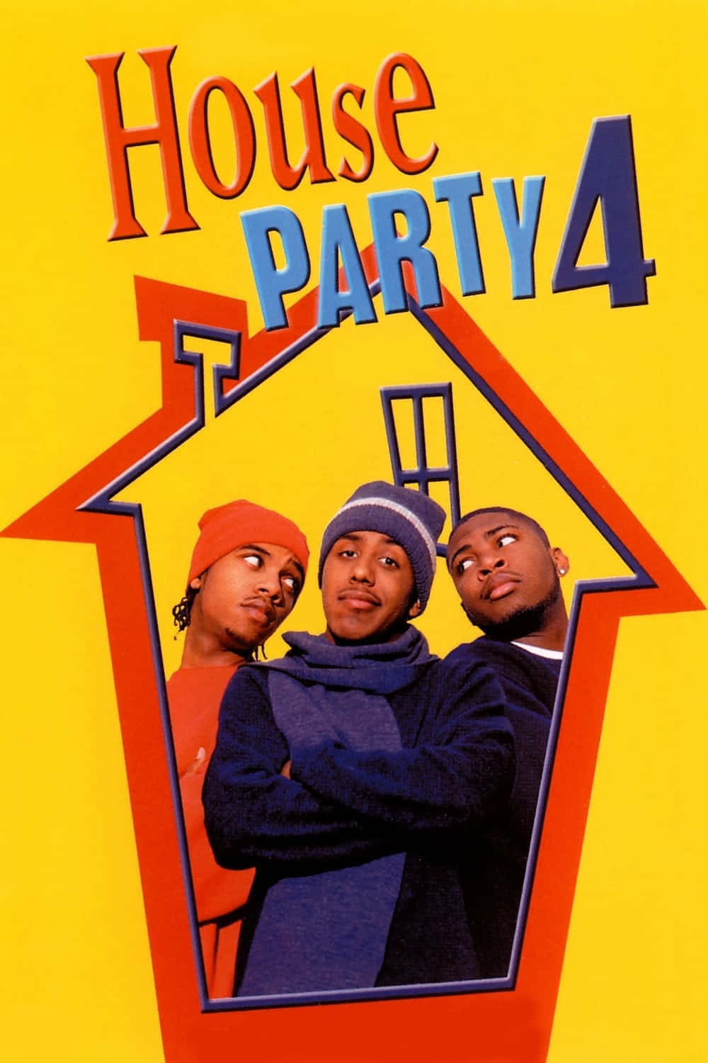 三位戴著冬季帽子的年輕男子在黃色背景上的紅色房屋輪廓內，用於House Party 4。