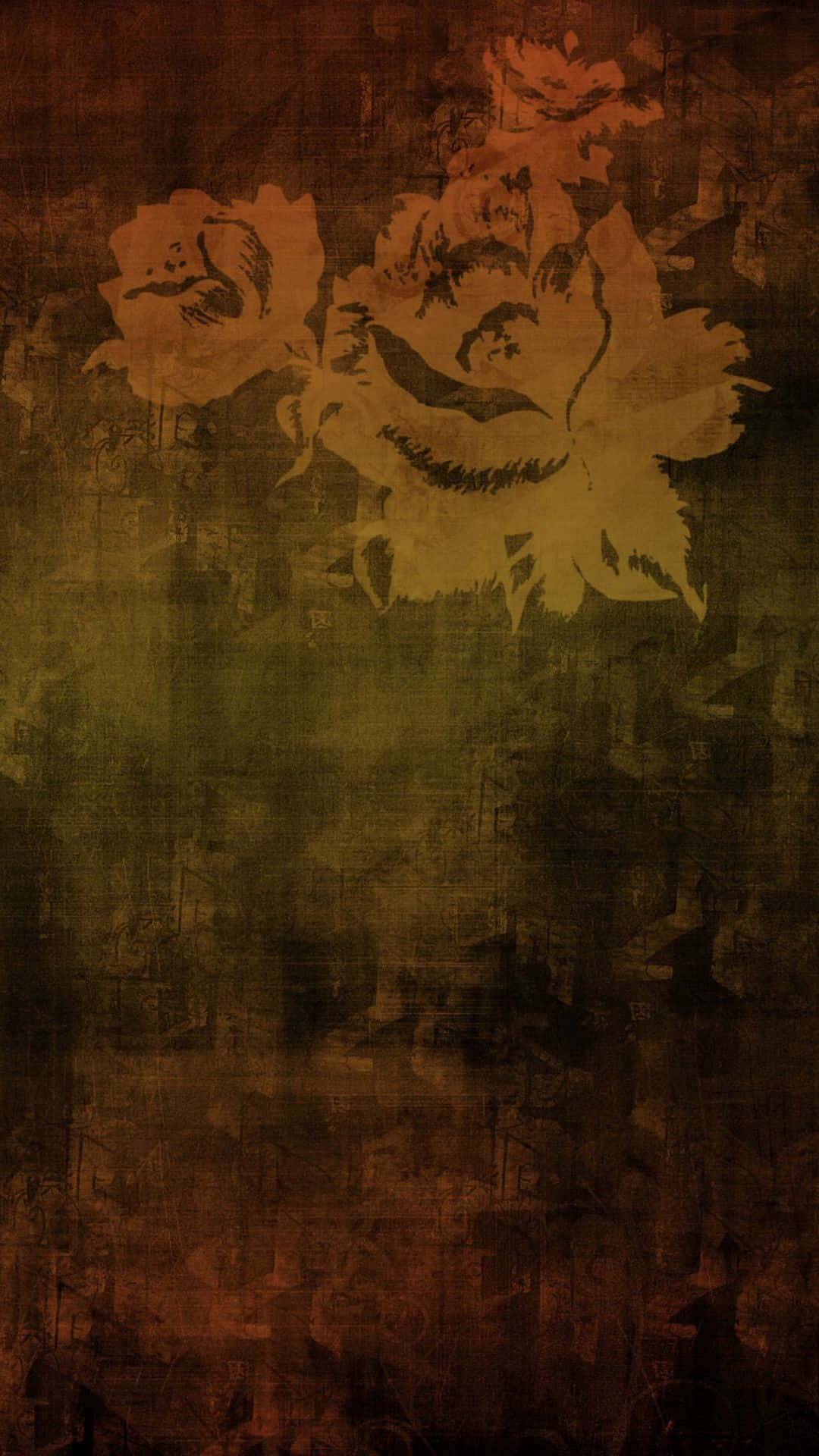 舊世界之魅力 壁紙 — 復古垃圾風格壁紙，在質感深棕色背景上呈現赭色和橄欖色的褪色花卉剪影。