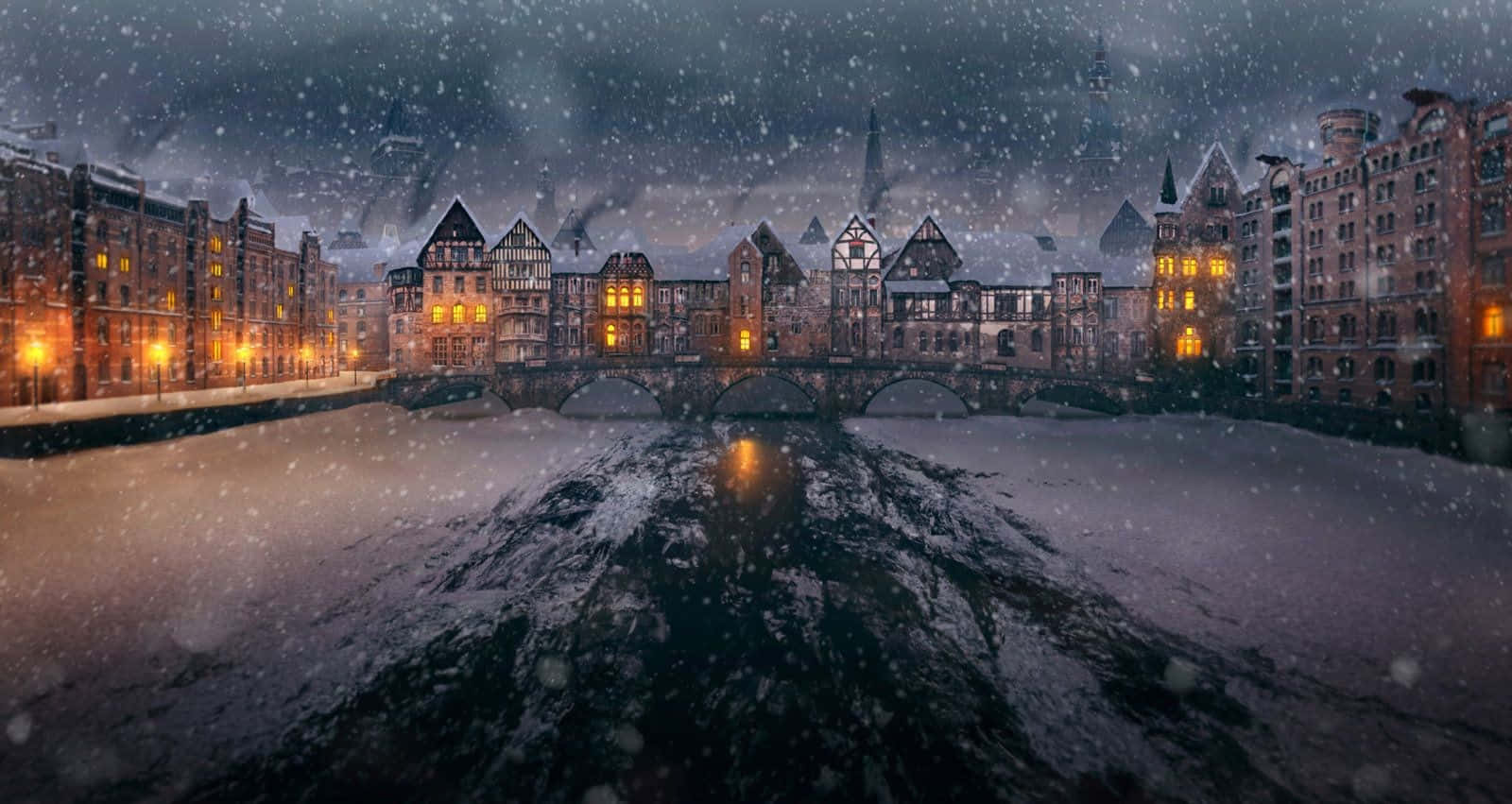 一個歷史悠久的河畔小鎮的雪夜場景，窗戶和石橋閃爍著光芒。