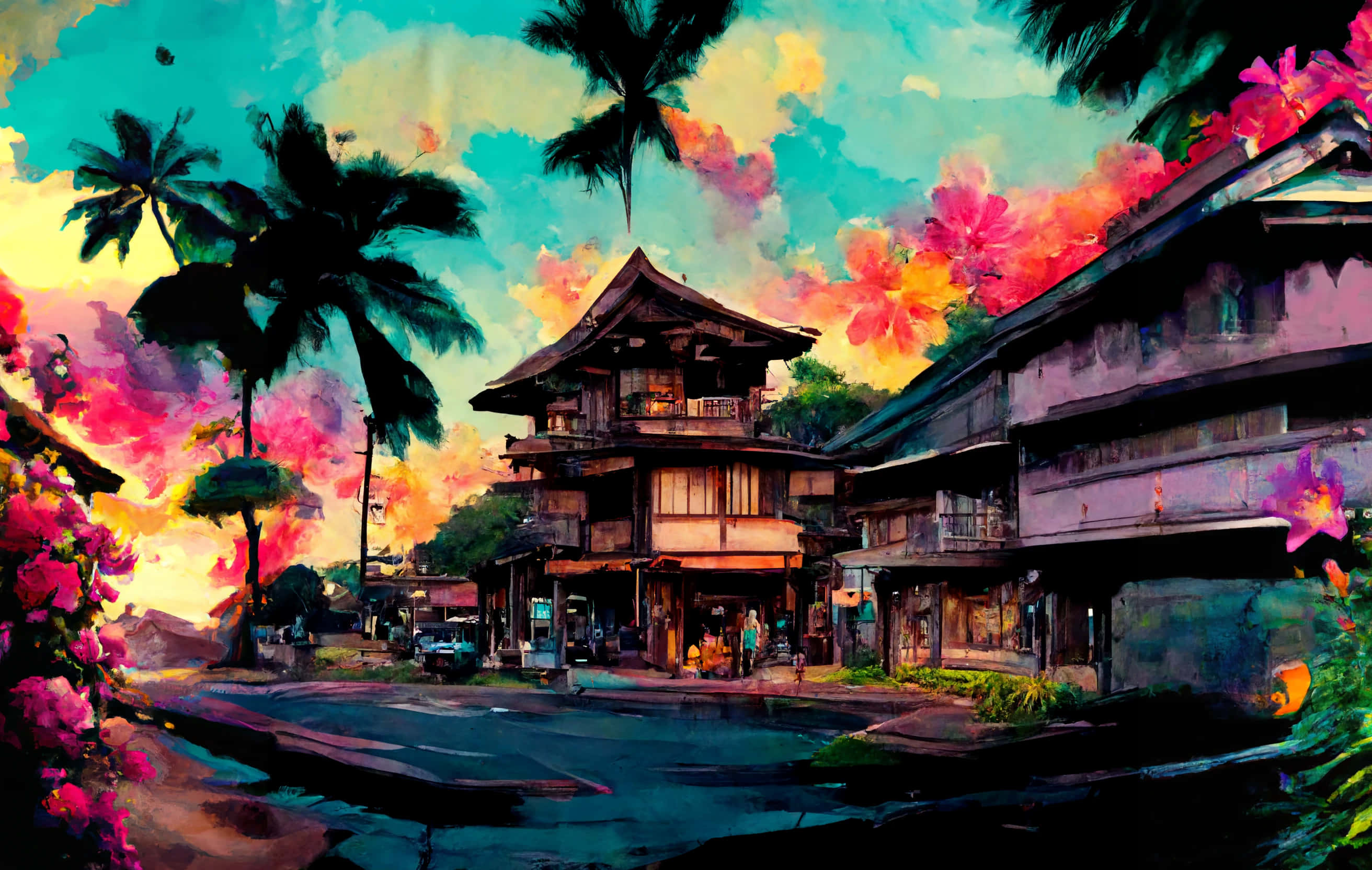 舊日日本建築 壁紙 — 日落時分充滿活力的熱帶街景，棕櫚樹和盛開的花朵襯托著傳統木建築。