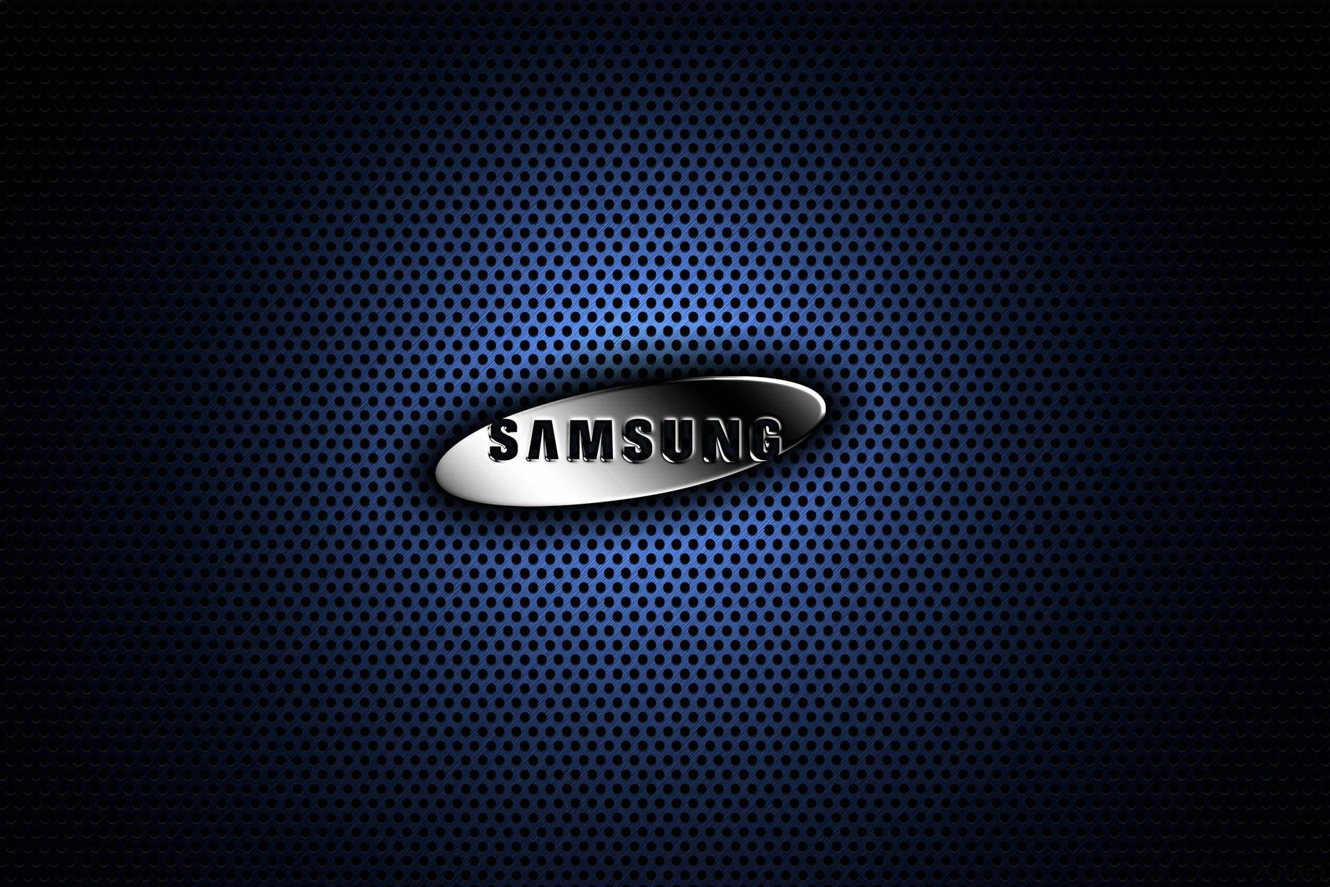 Samsung標誌在穿孔藍色金屬背景上