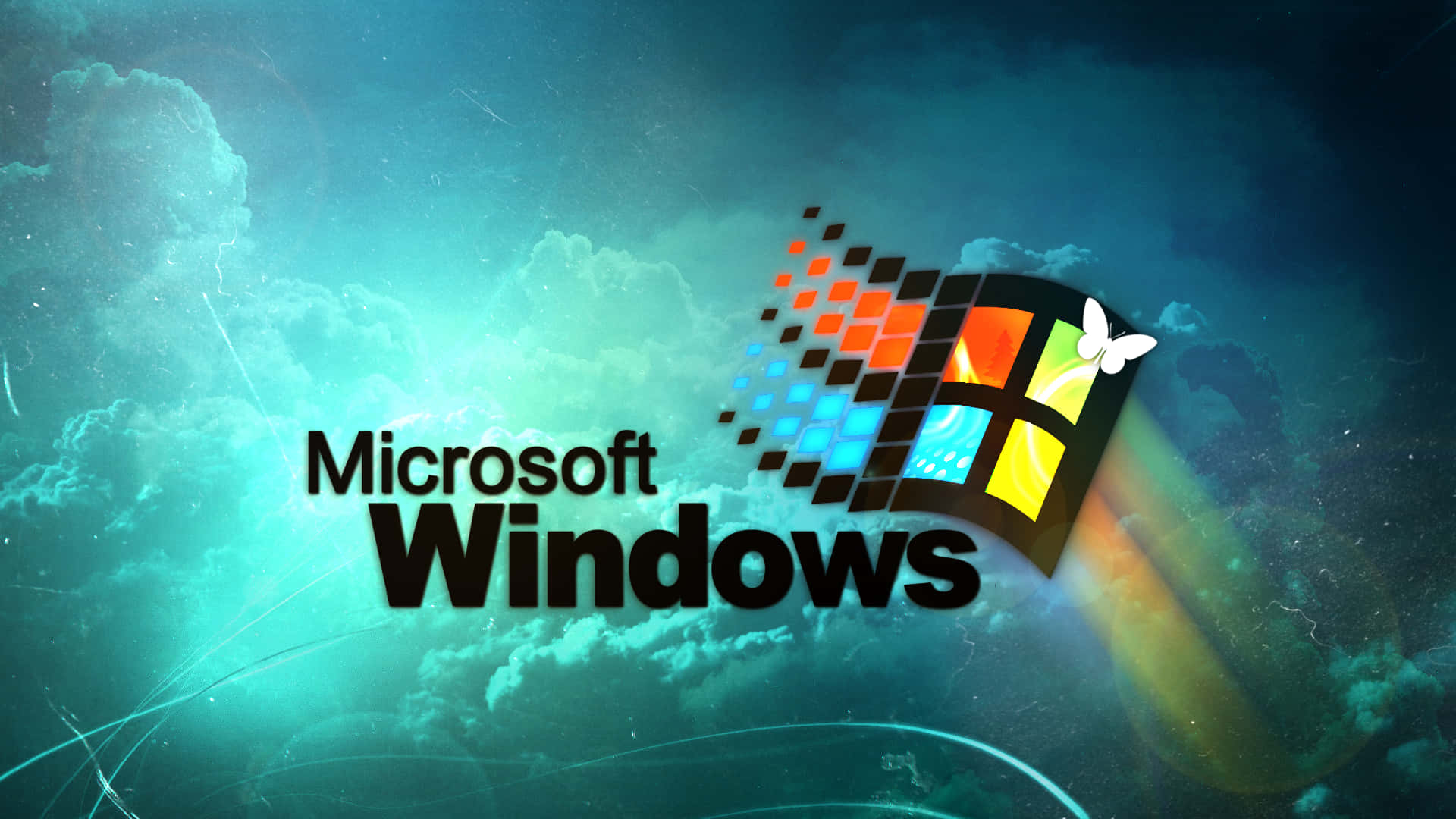 Microsoft Windows 標誌，帶有蝴蝶和像素化窗戶，背景是多雲的藍綠色。