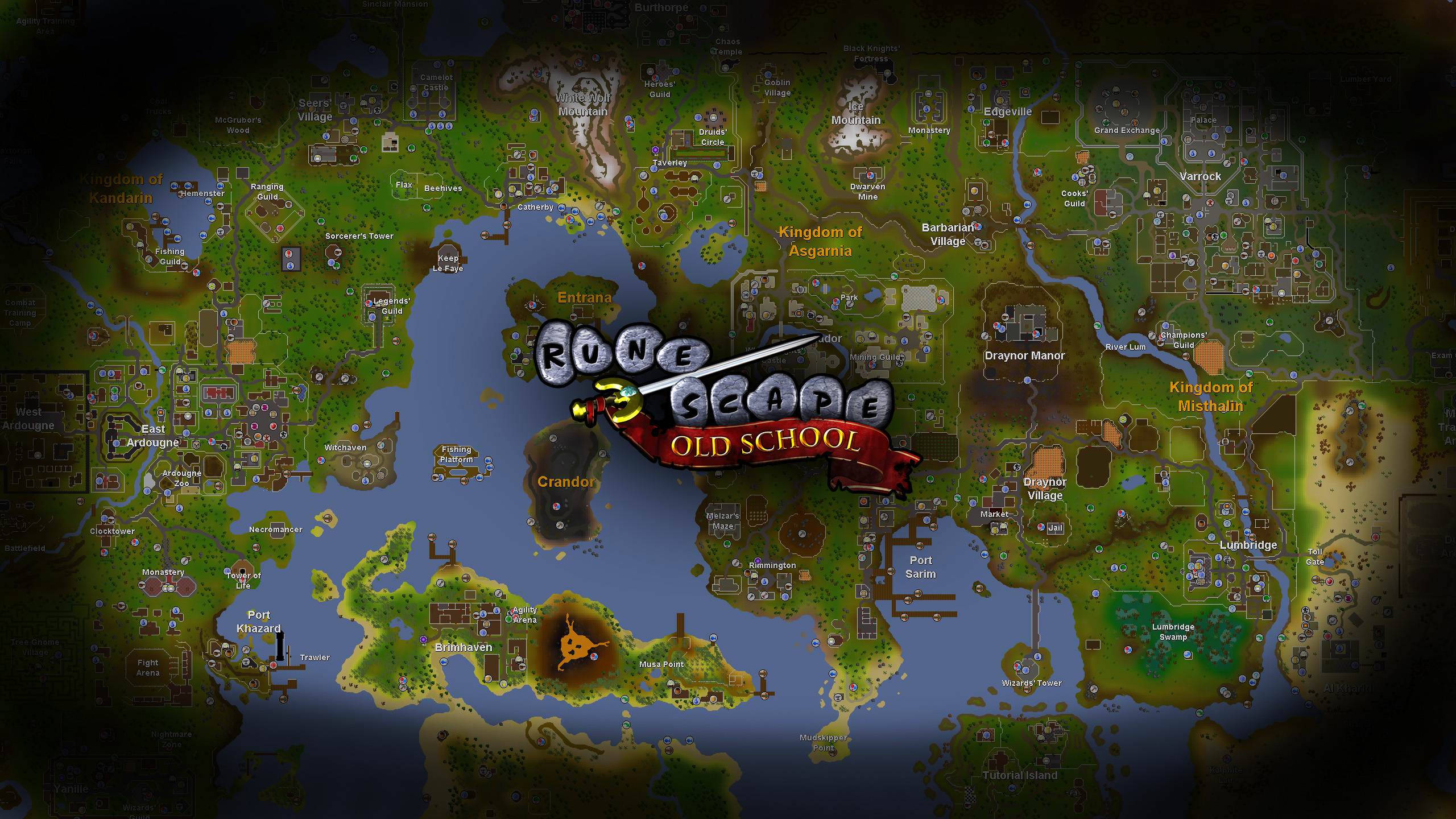 舊版《老學校傳奇》地圖 壁紙 — RuneScape Old School 的詳細奇幻地圖，帶有發光地標和藍色海洋上的中央標誌。