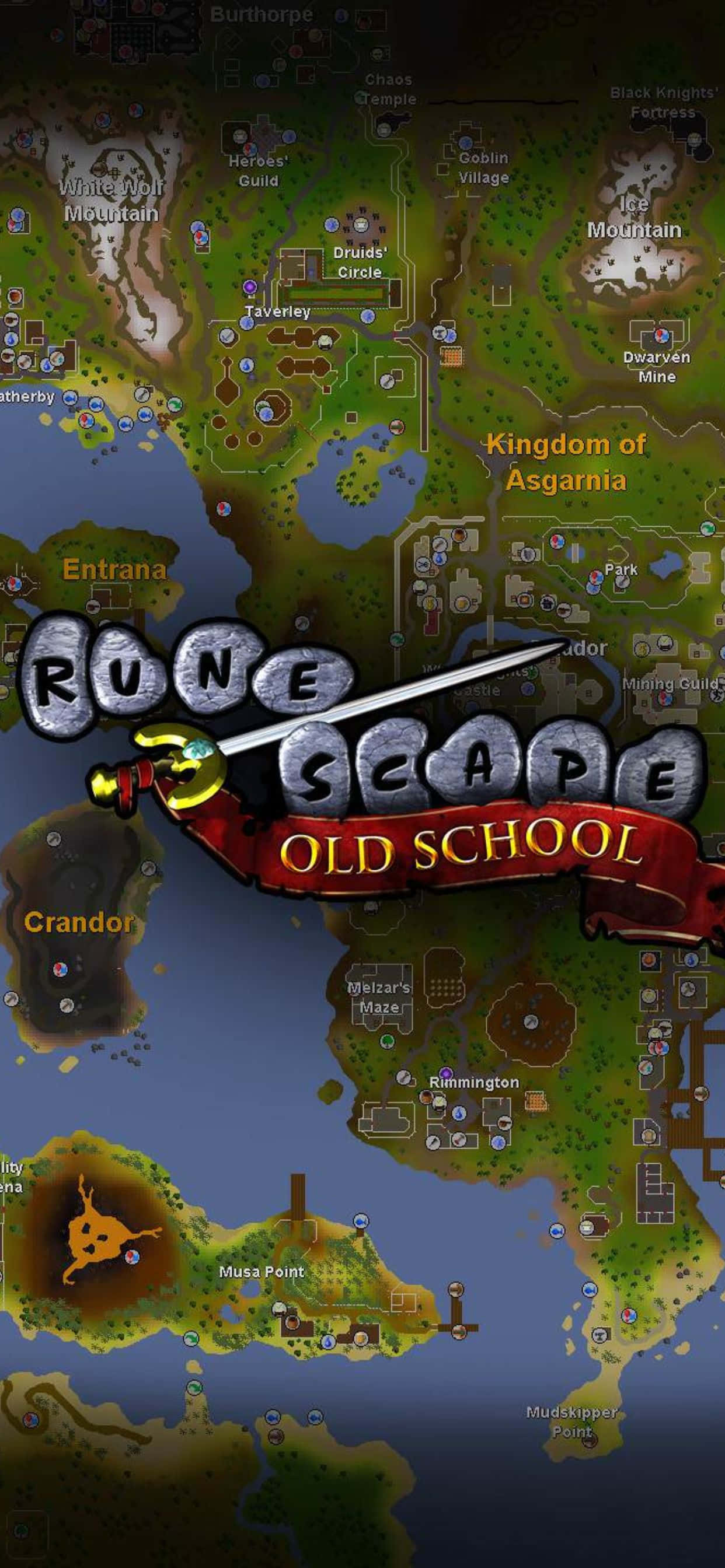 《舊版傳奇跑跑》地圖與標誌 iPhone XS Max 壁紙 — 來自 RuneScape Old School 的詳細奇幻地圖，帶有標記位置和劍形標誌。