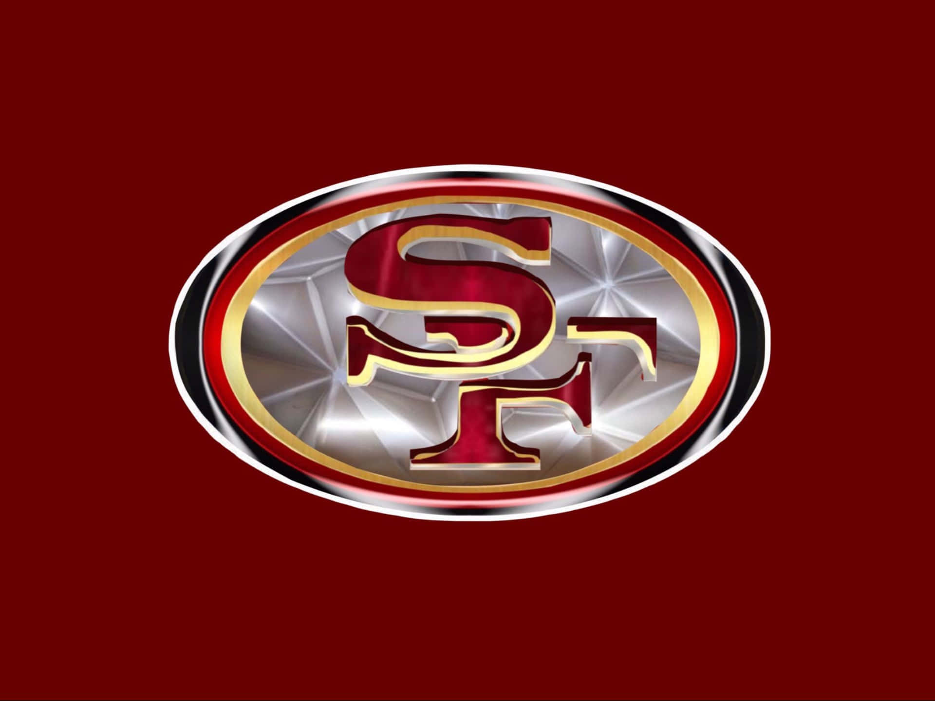 San Francisco 49ers 標誌，金屬質感，紅色背景