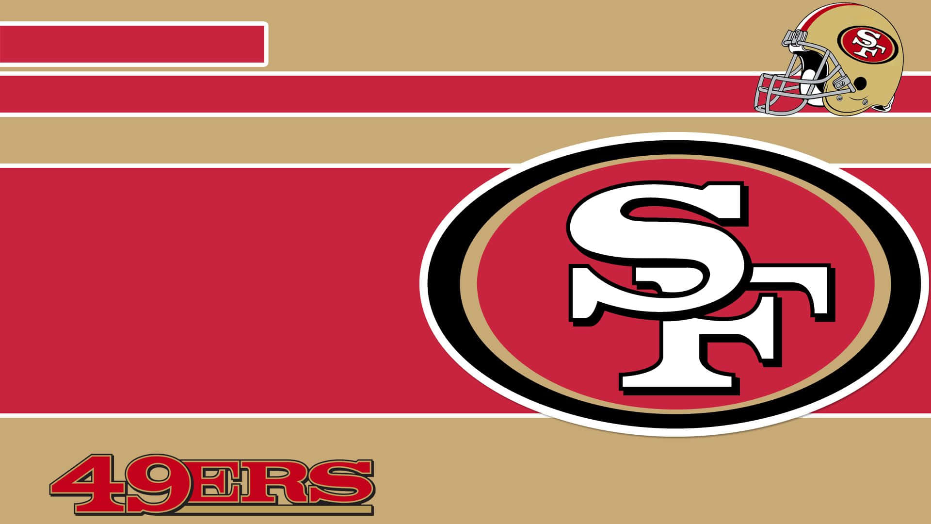 San Francisco 49ers 足球隊標誌和頭盔在條紋背景上。