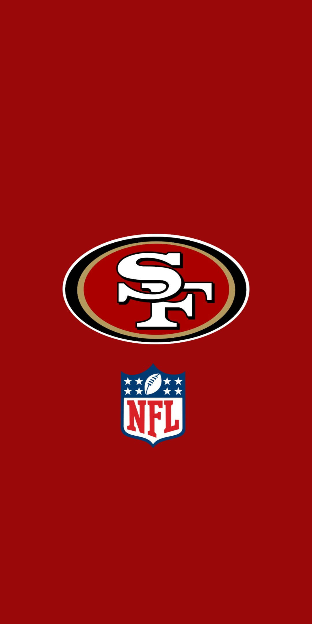 舊金山49人隊簡約 NFL 隊標 壁紙 — 三藩市四九人隊標誌及NFL盾牌居中於純紅色背景上。