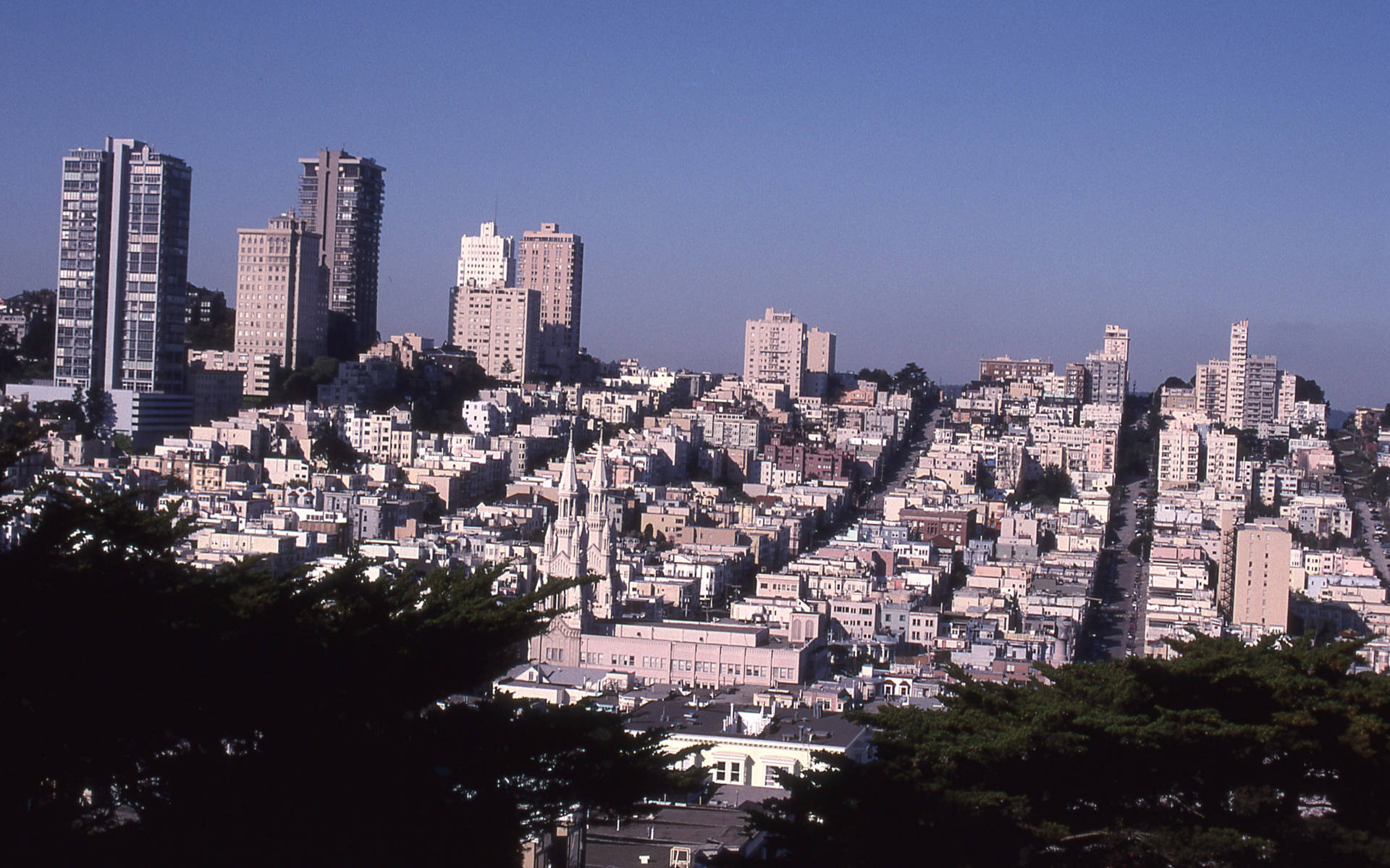 三藩市城市景觀，有山丘和建築物，在晴朗的藍天下。