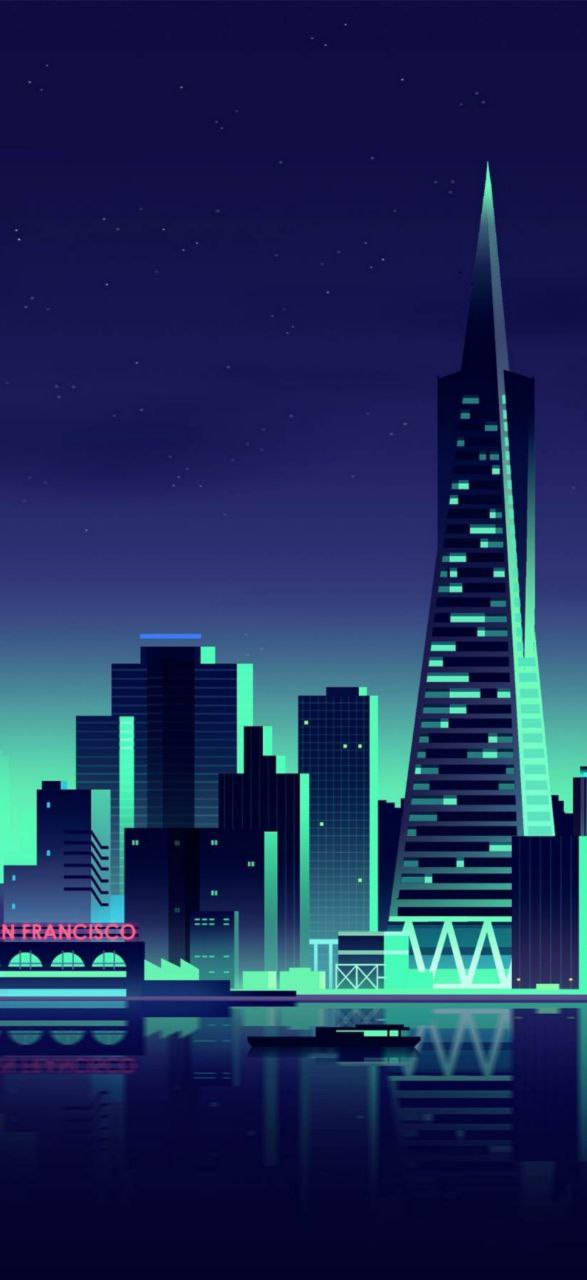 夜晚的三藩市天際線，發光的建築物和水上的船。