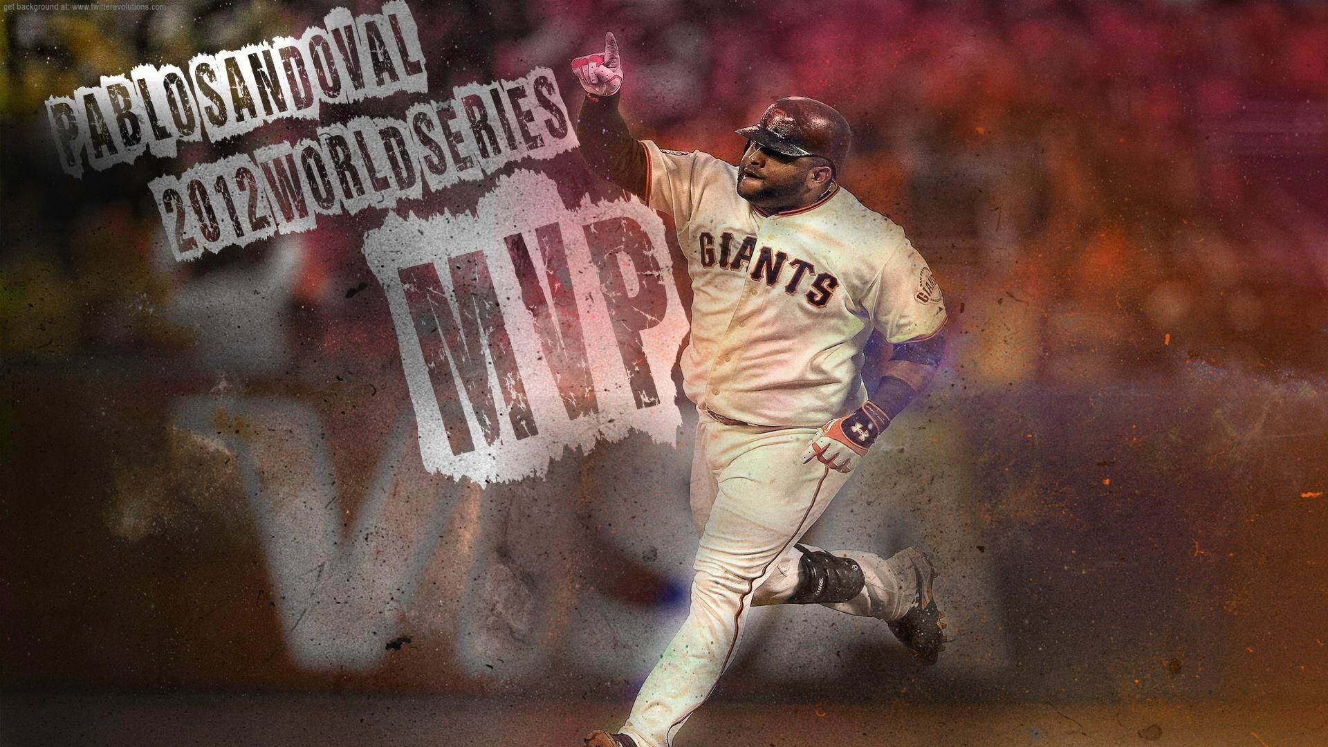 棒球選手 Pablo Sandoval 在動作中慶祝 2012 年世界大賽 MVP 勝利。
