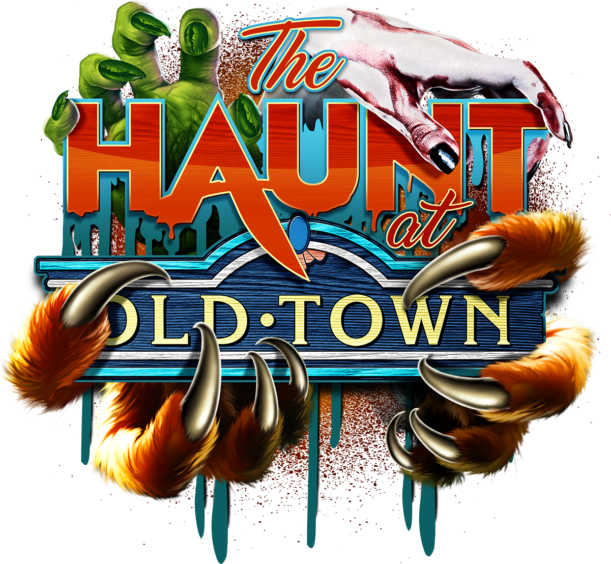 舊鎮鬼屋主題圖案 壁紙 — 一個陰森的招牌，寫著「The Haunt at Old Town」，殭屍手和帶爪的爪子抓住文字，背景黑暗。