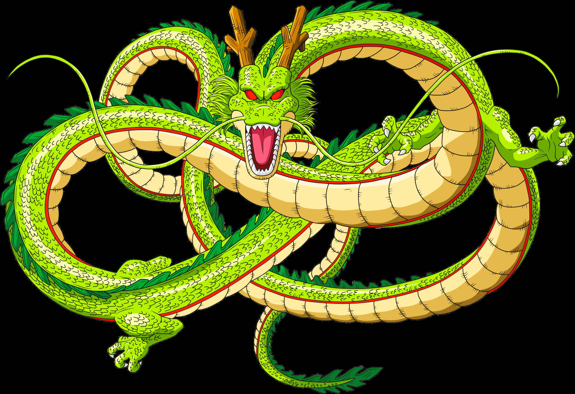 舍儂綠龍 壁紙 — 一條充滿活力的綠色龍，有著紅色眼睛和鹿角，在黑色背景上動態盤繞，張開嘴巴發出兇猛的咆哮。
