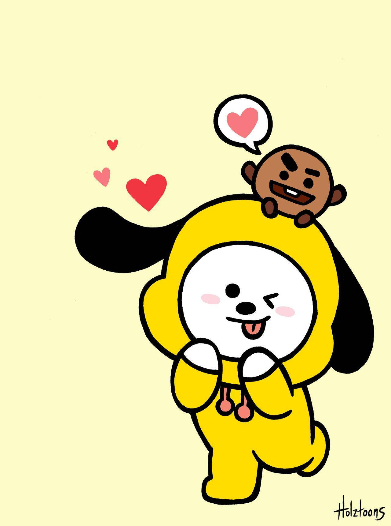 舒奇與奇米 BT21 藝術 壁紙 — 一隻快樂的黃色卡通狗，有黑色尾巴，頑皮地眨眼，同時一隻小棕色猴子騎在牠的背上，周圍有漂浮的心形圖案。