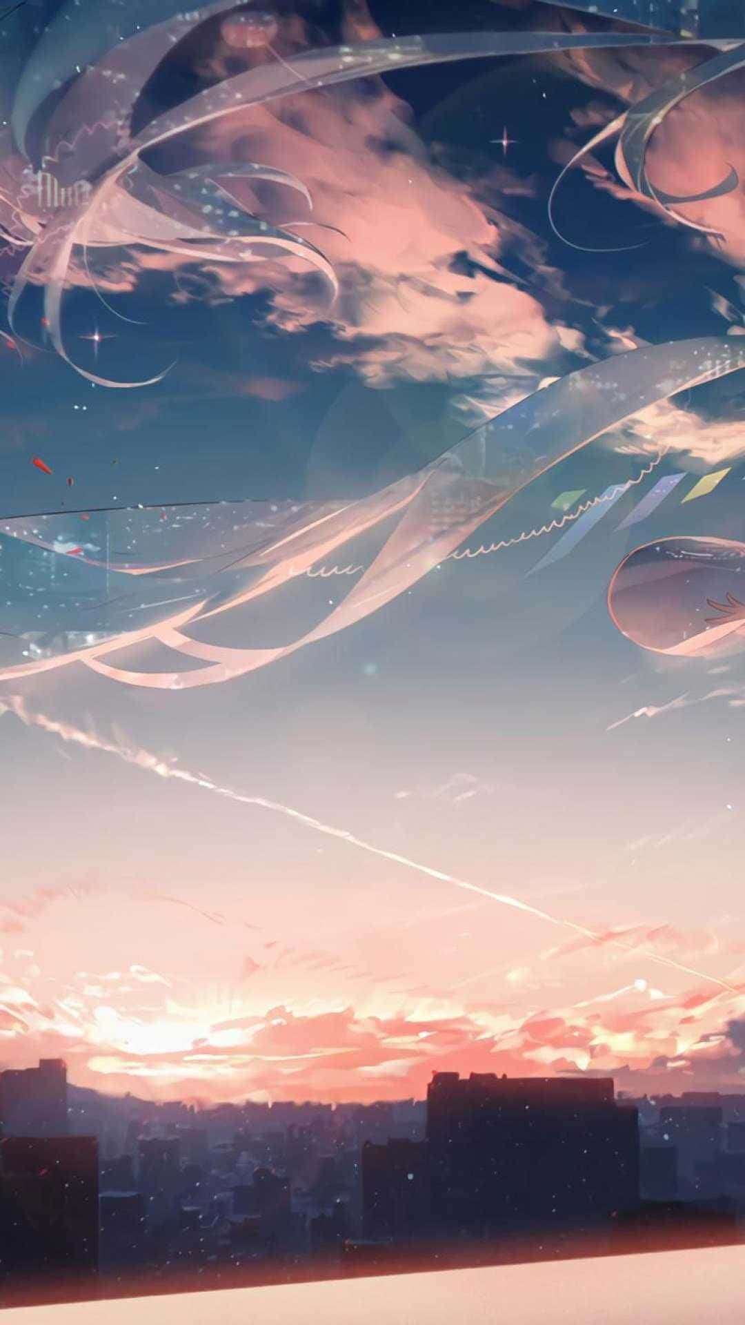 動畫風格的城市天際線在日落時分，天空中有發光的絲帶和星星。