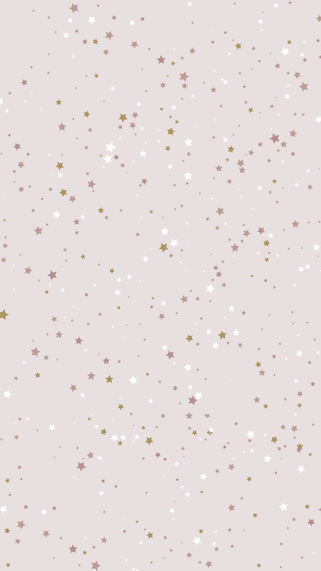 在柔和的粉紅色背景上，白色和金色星星組成的天體圖案。