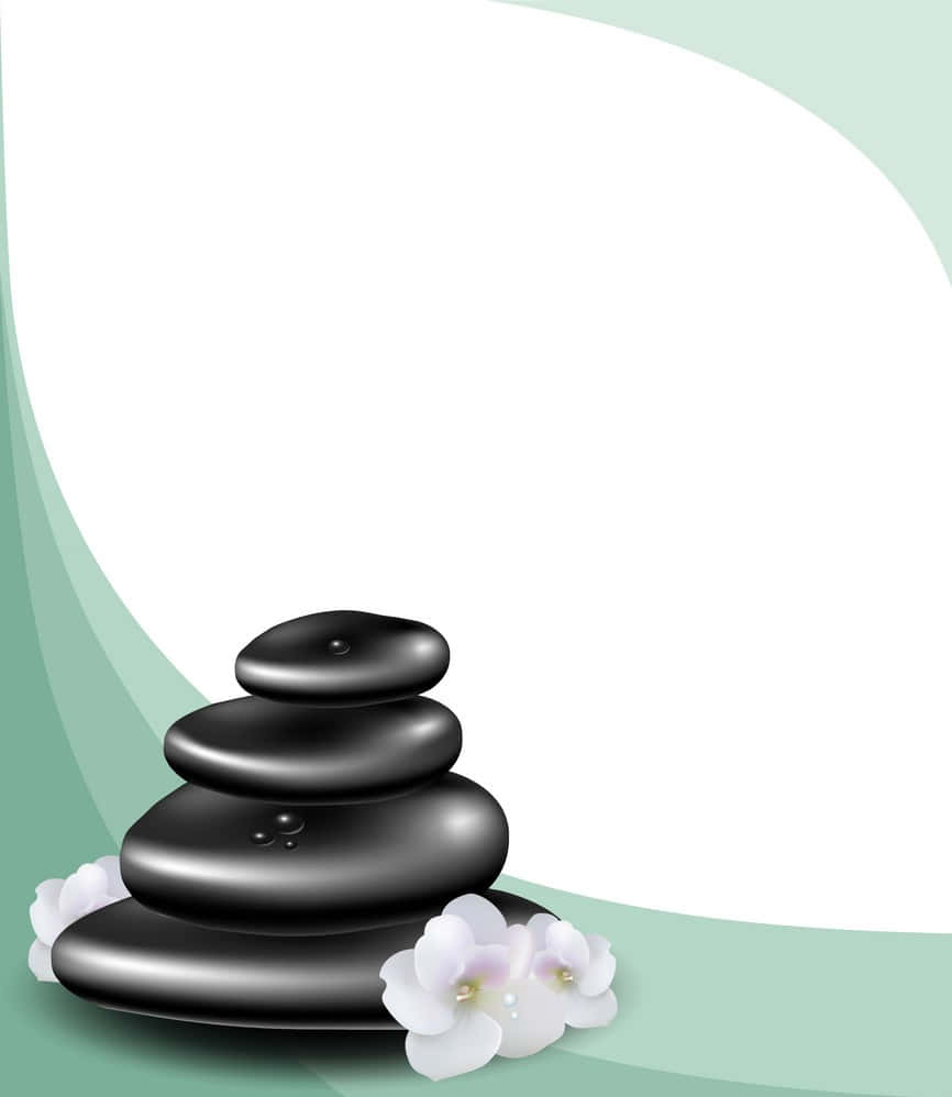 舒緩黑亮石堆與白花溫泉背景 壁紙 — 堆疊的黑色水療石頭與白色蘭花放在柔和的薄荷綠色彎曲背景上。