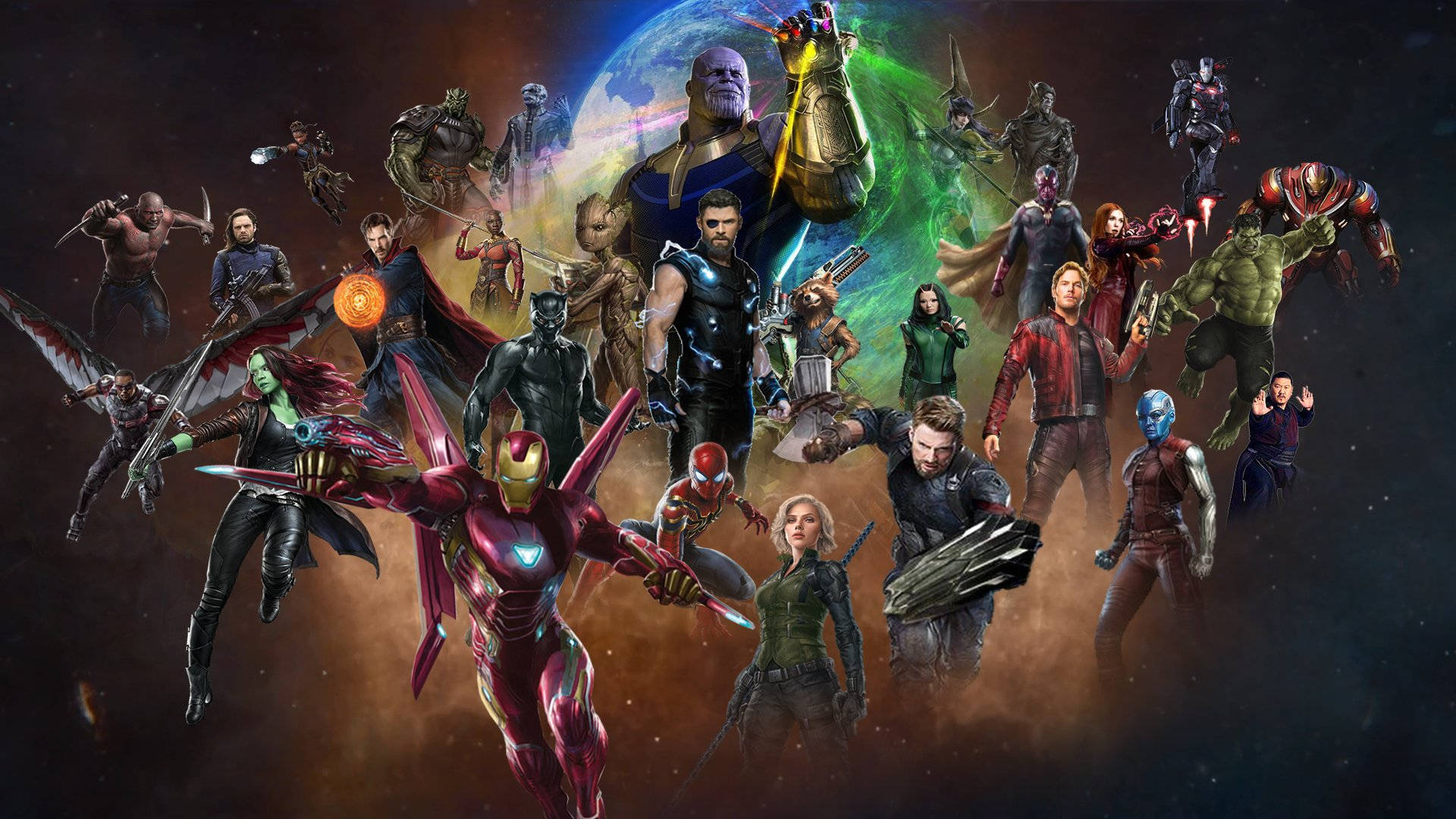 舒莉復仇者聯盟：無限之戰 壁紙 — 一場宇宙戰鬥場景， featuring Marvel 超級英雄和反派如 Iron Man 和 Thanos，背景是星空太空。