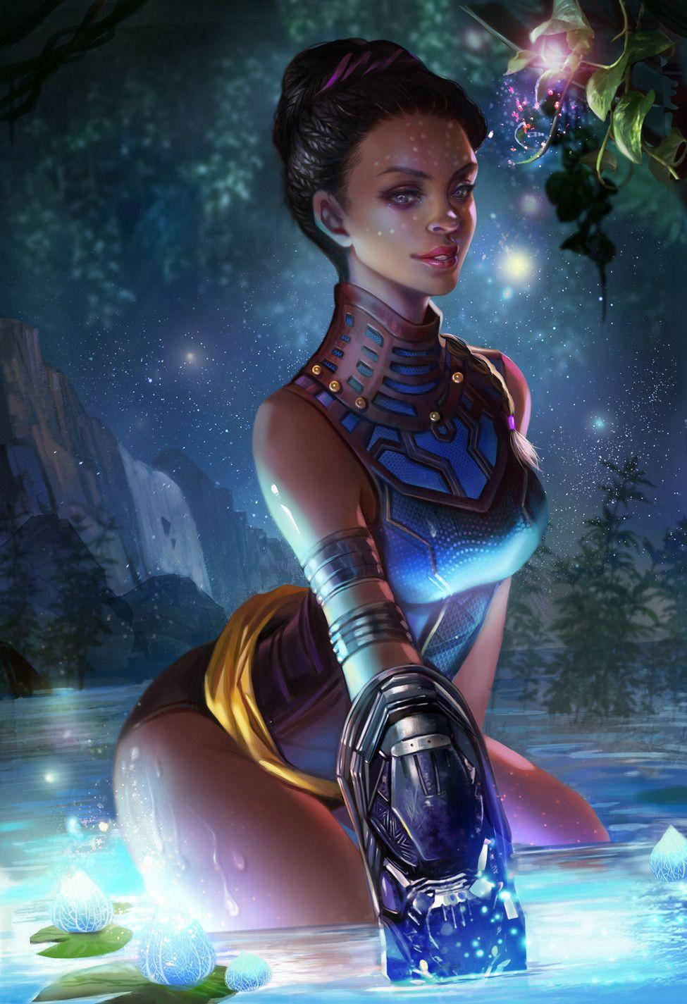 舒莉數位藝術 壁紙 — 一位身穿發光藍色盔甲的機械女性，坐在星空下神秘發光的池水中。