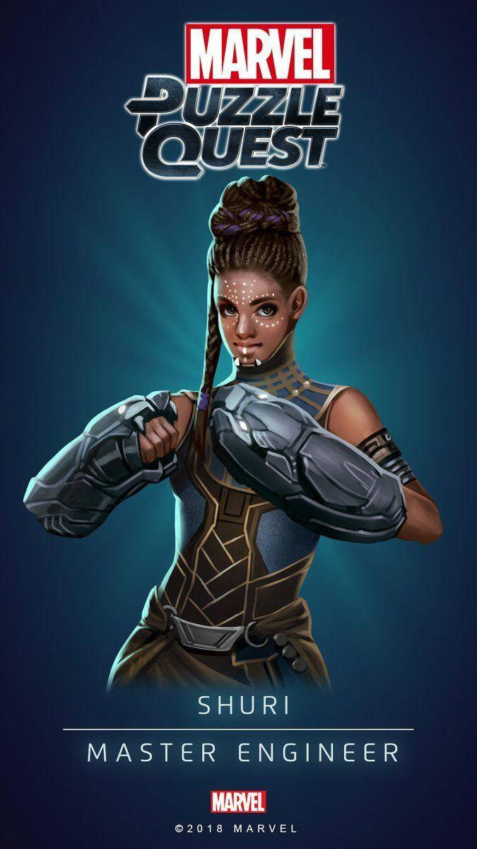 舒莉謎題求索 壁紙 — 來自Marvel Puzzle Quest的工程大師舒莉，身穿未來裝甲，站在發光的藍色背景前。