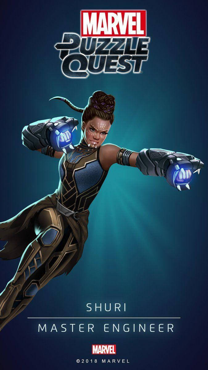 舒莉首席工程師 壁紙 — 來自Marvel Puzzle Quest的工程大師Shuri，在深藍綠色漸變背景前，以發光的藍色能量拳頭動態跳躍。