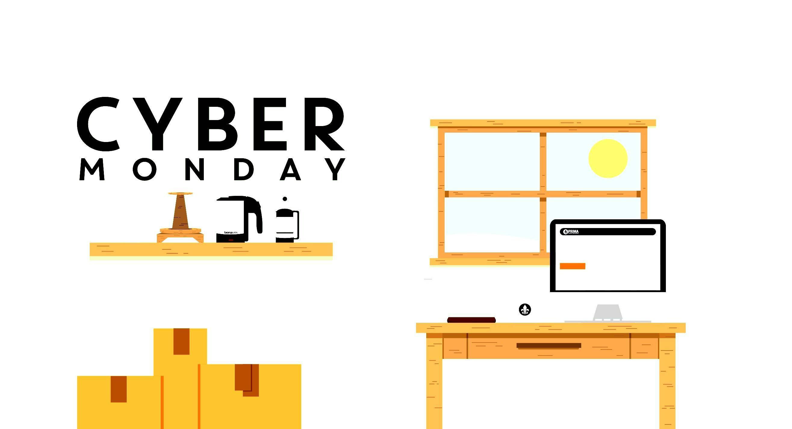 Monday 桌布 壁紙 — 舒適家庭辦公室的極簡平面插圖，配有電腦桌、窗戶、太陽和網絡星期一促銷商品。