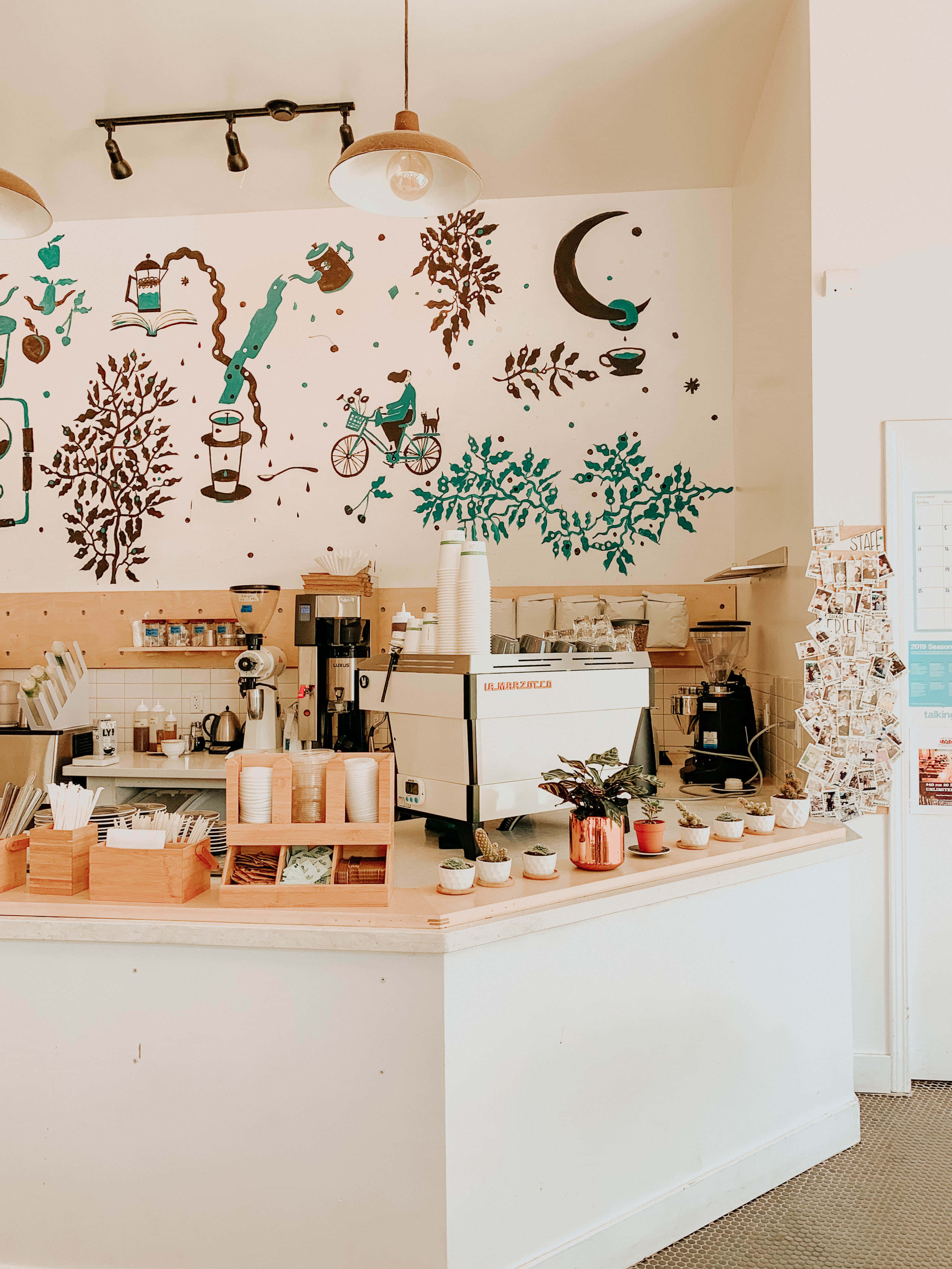 Shop 桌布 壁紙 — 舒適的咖啡店內部，白色櫃檯上方有咖啡設備，以及一幅以樹木、單車和彎月為主題的奇幻插畫壁畫。
