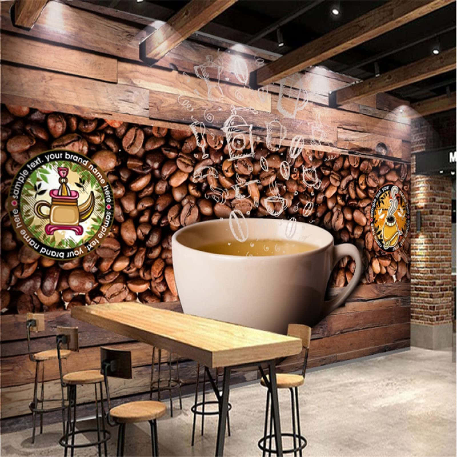 Brown Coffee 桌布 壁紙 — 舒適的咖啡館內部，一個巨大的咖啡杯漂浮在由烘焙咖啡豆和木板組成的牆壁前，還有漂浮的咖啡主題塗鴉。