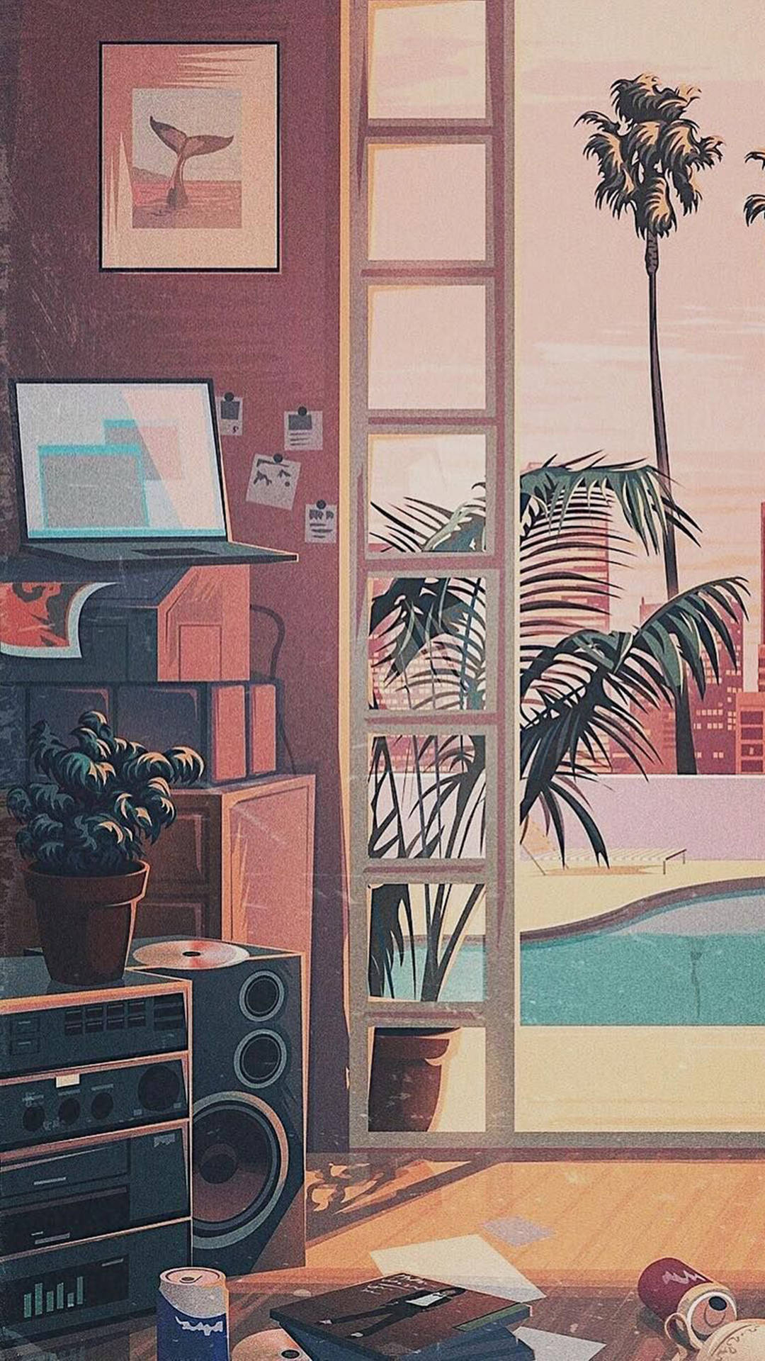 Bedroom 桌布 壁紙 — 舒適的復古房間，配有復古立體聲音響和手提電腦，透過高窗俯瞰日落時分的泳池和棕櫚樹。