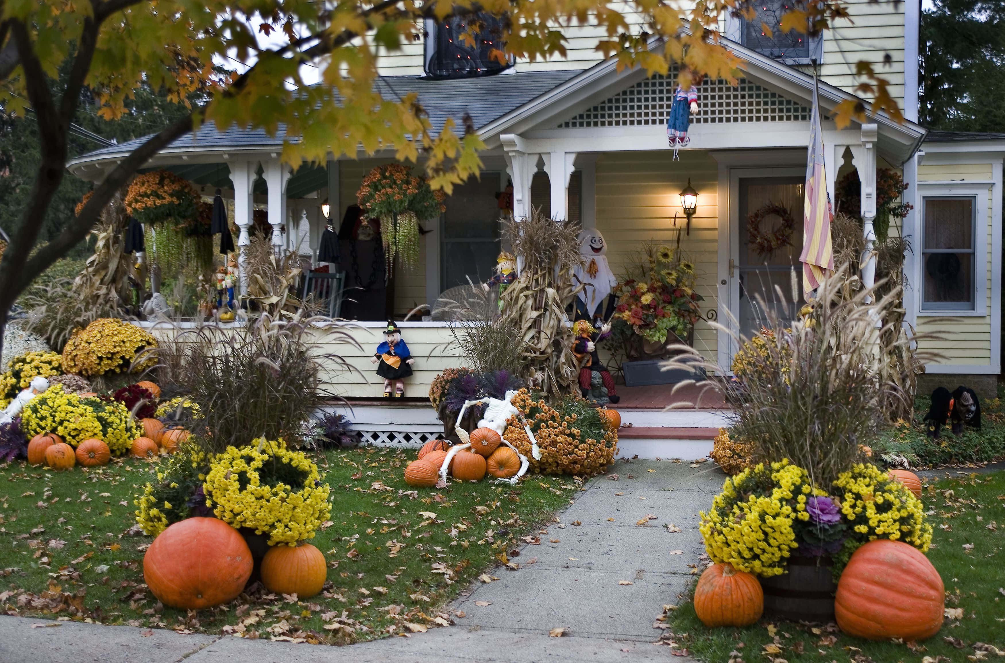 Halloween Yard Decorations 桌布 壁紙 — 舒適的秋季家居門廊，在柔和日光下裝飾著南瓜、黃色菊花和玉米稈。