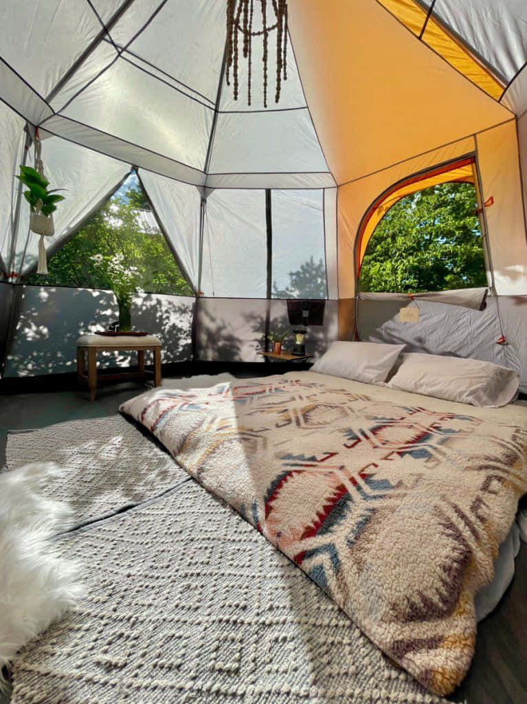 Winter Camping 桌布 壁紙 — 舒適的蒙古包臥室，配有圖案地毯和床，自然光透過薄牆過濾，外面可見綠色植物。