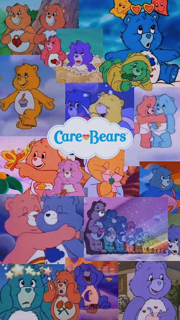 一張Care Bears角色在色彩繽紛的動畫場景中展現愛與友誼的拼貼畫。