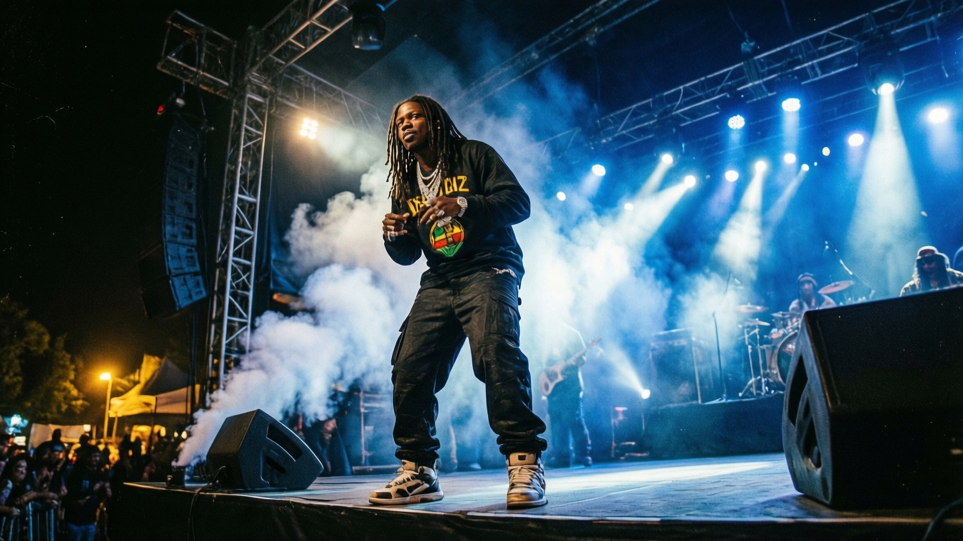 舞台王者 Vybz Kartel 壁紙 — 一位梳著辮子的說唱歌手在夜晚煙霧彌漫的戶外舞台上，在明亮的藍色聚光燈下充滿活力地表演。
