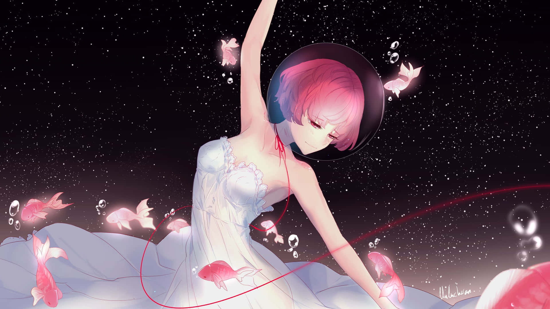 粉紅色頭髮的動漫女孩在宇宙中漂浮，伴隨著發光的魚和泡泡。