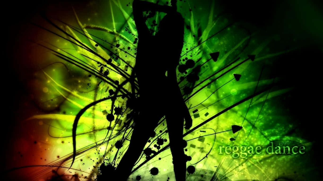 Reggae 桌布 壁紙 — 舞者動感剪影，以充滿活力的綠色和橙色抽象背景為襯托，帶有飛濺和條紋效果。