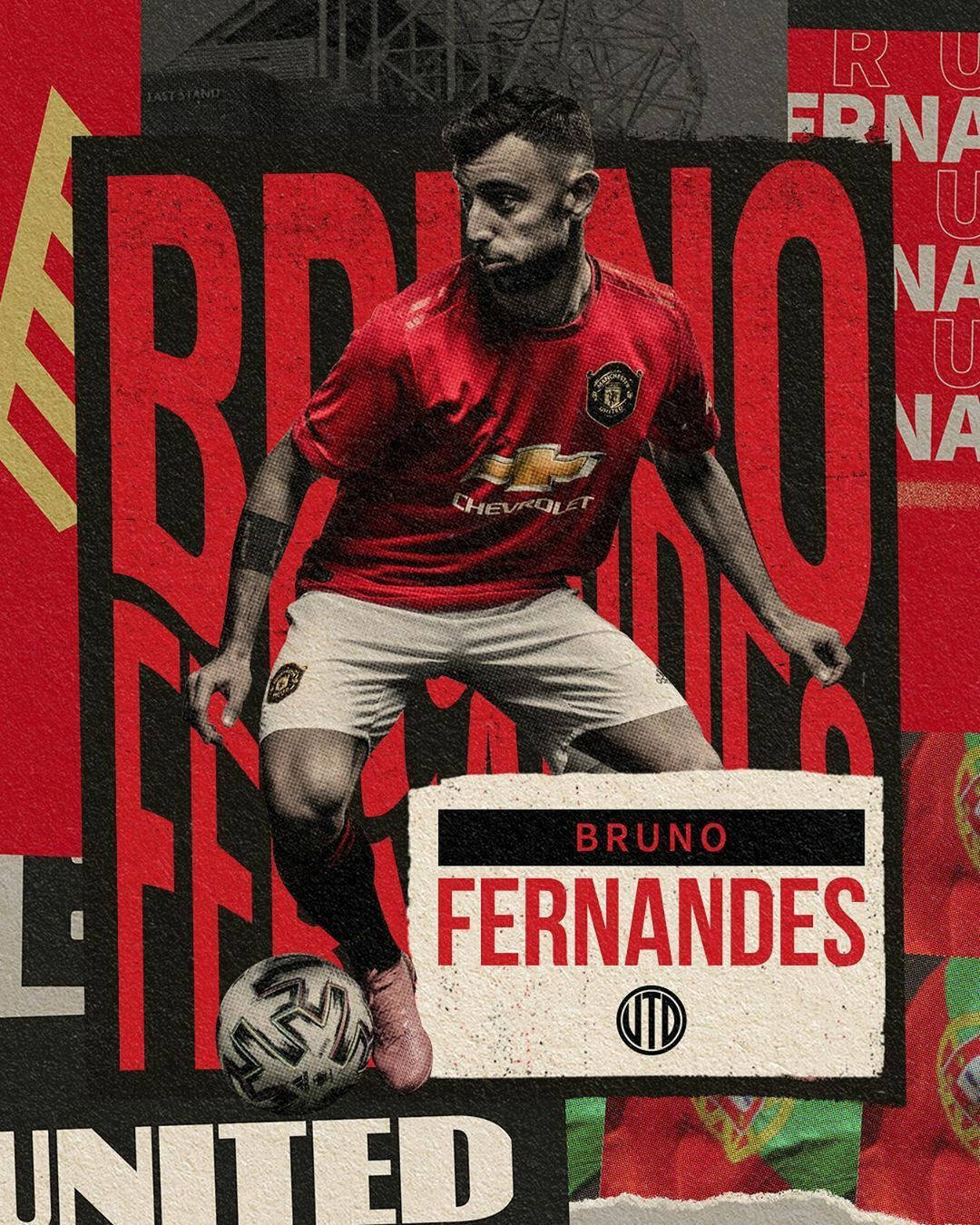桌布 壁紙 — 般奴·費南迪斯身穿曼聯球衣，在鮮明的紅黑圖形背景上盤球。